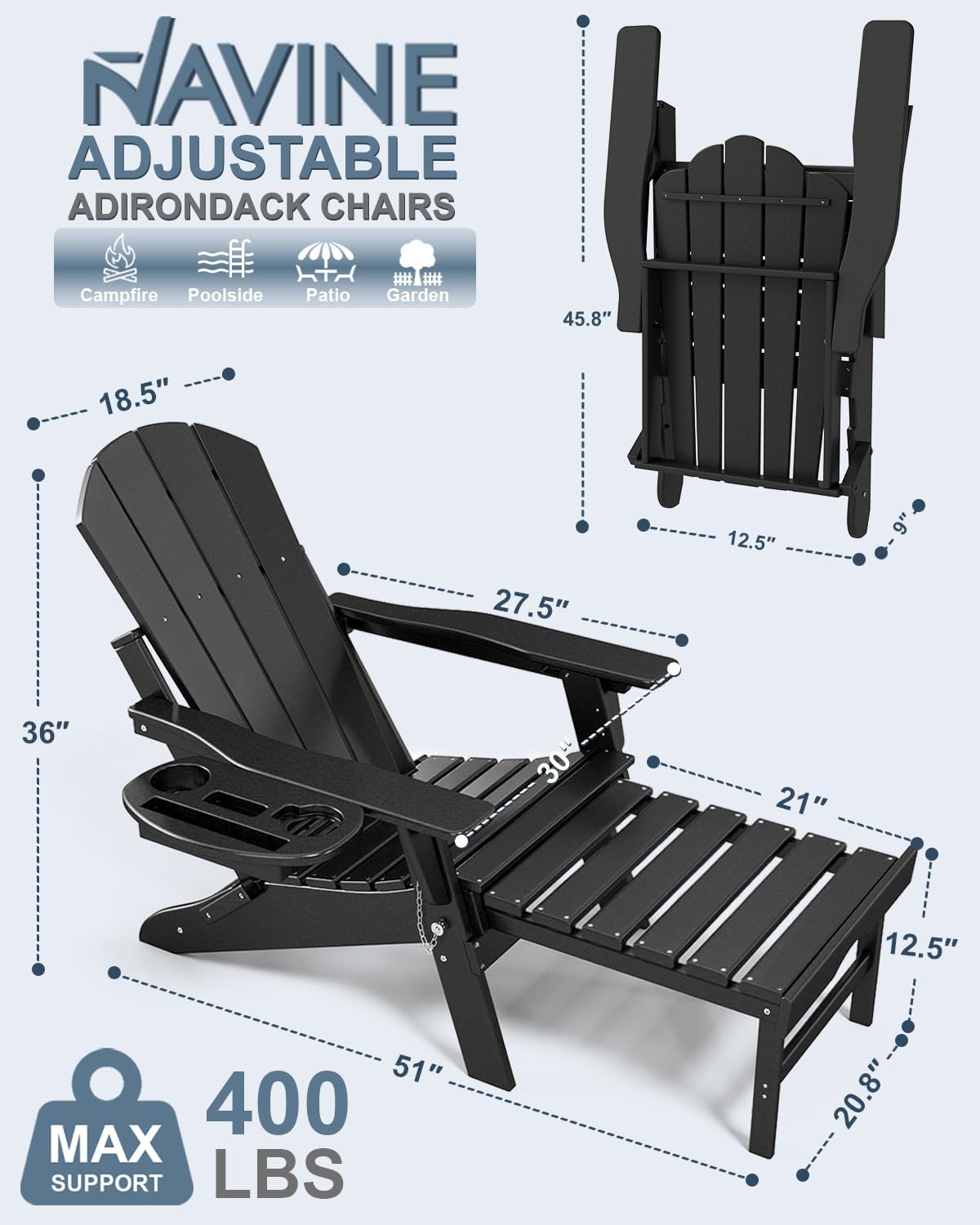 Adjustable Adirondack Chair with Retractable Ottoman Set of 2  HDPE Folding Adirondack Chair with Cup Holder  All Weather Fire Pit Chair for Outdoor.
