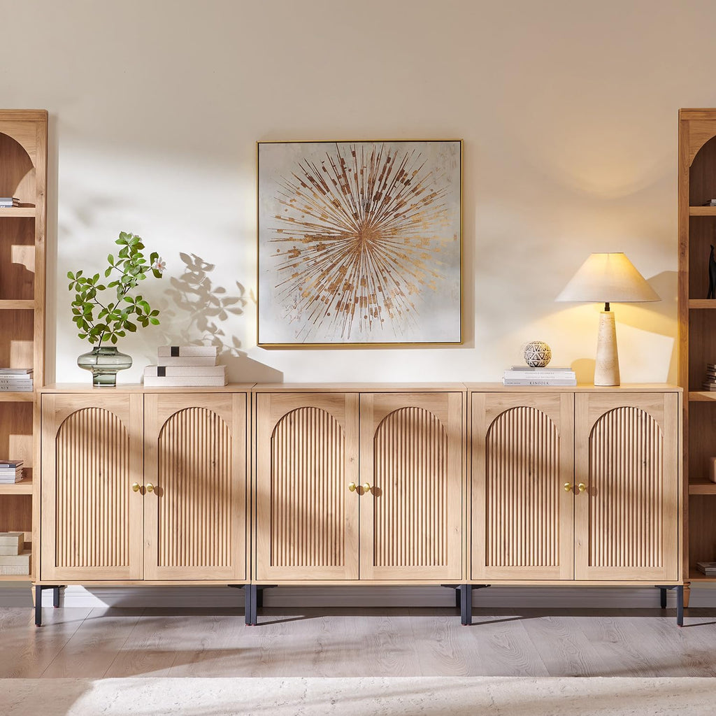 Modern Buffet Cabinet with Storage, 92.63" W Fluted Arched Sideboard Cabinet w/Adjustable Shelves, Wooden Modular Coffee Bar for Dining Room, Kitchen, Living Room, Entryway, Natural