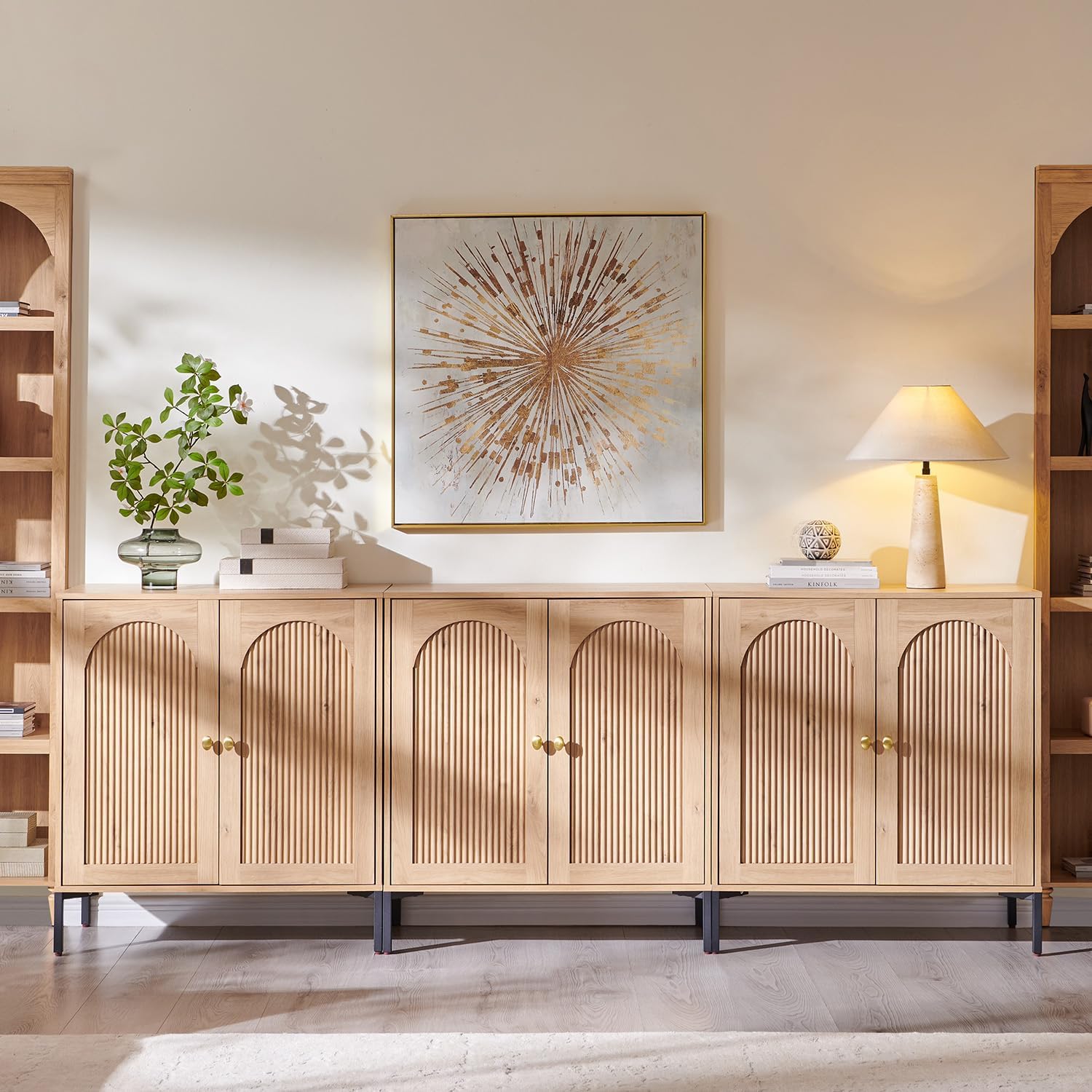 Modern Buffet Cabinet with Storage, 92.63" W Fluted Arched Sideboard Cabinet w/Adjustable Shelves, Wooden Modular Coffee Bar for Dining Room, Kitchen, Living Room, Entryway, Natural