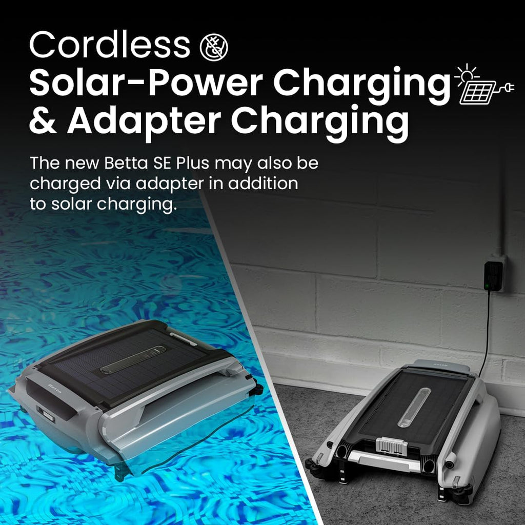 Betta SE Plus - Solar-Powered Robotic Pool Skimmer with 24/7 Continuous Cleaning Power  Dual Charging Options  Twin Salt Chlorine Tolerant Motors  and Shallow Water Safeguard