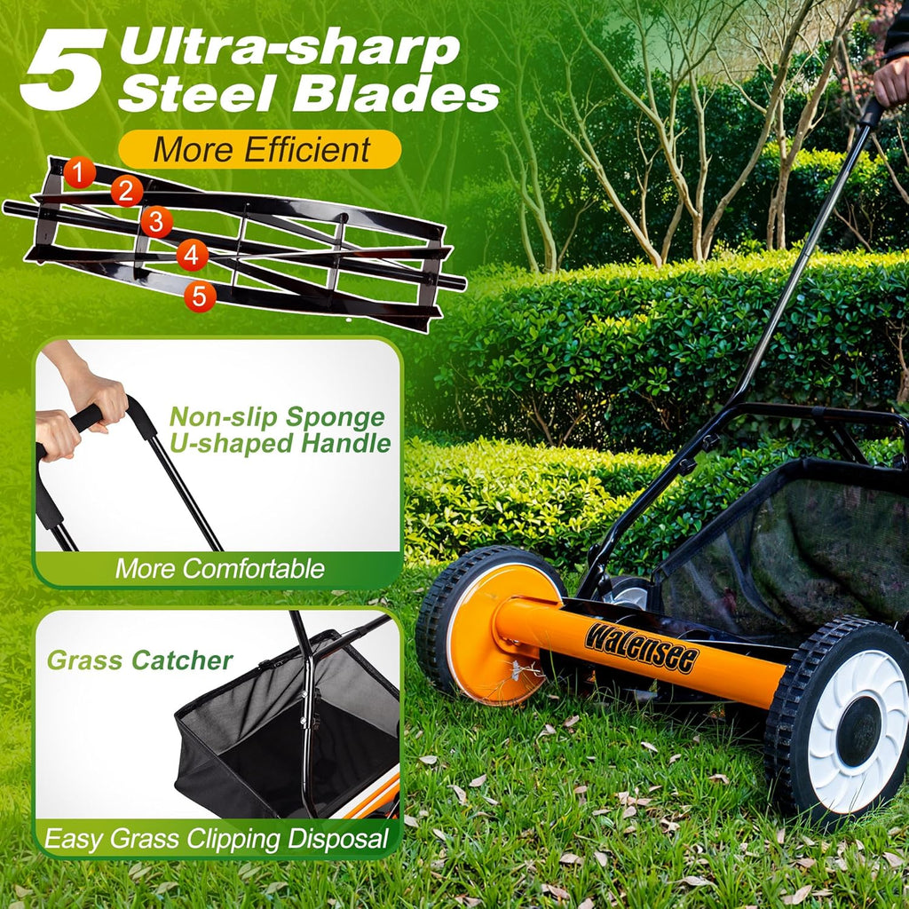 Walensee 20-Inch 5-Blade Push Reel Lawn Mower  Cordless Manual Reel Lawn Mower Walk-Behind Steel Lawn Mowers with Removable 11.8-Gallon Grass Catcher  Sponge Grip  9-Position Cutting Height Adjustment