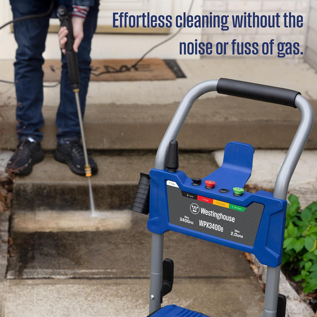 Westinghouse WPX3400e Electric Pressure Washer  3400 Max PSI and 2.0 Max GPM  Brushless Motor  Onboard Soap Tank  Spray Gun and Wand  5 Nozzle Set  for Cars/Fences/Driveways/Homes/Patios/Furniture