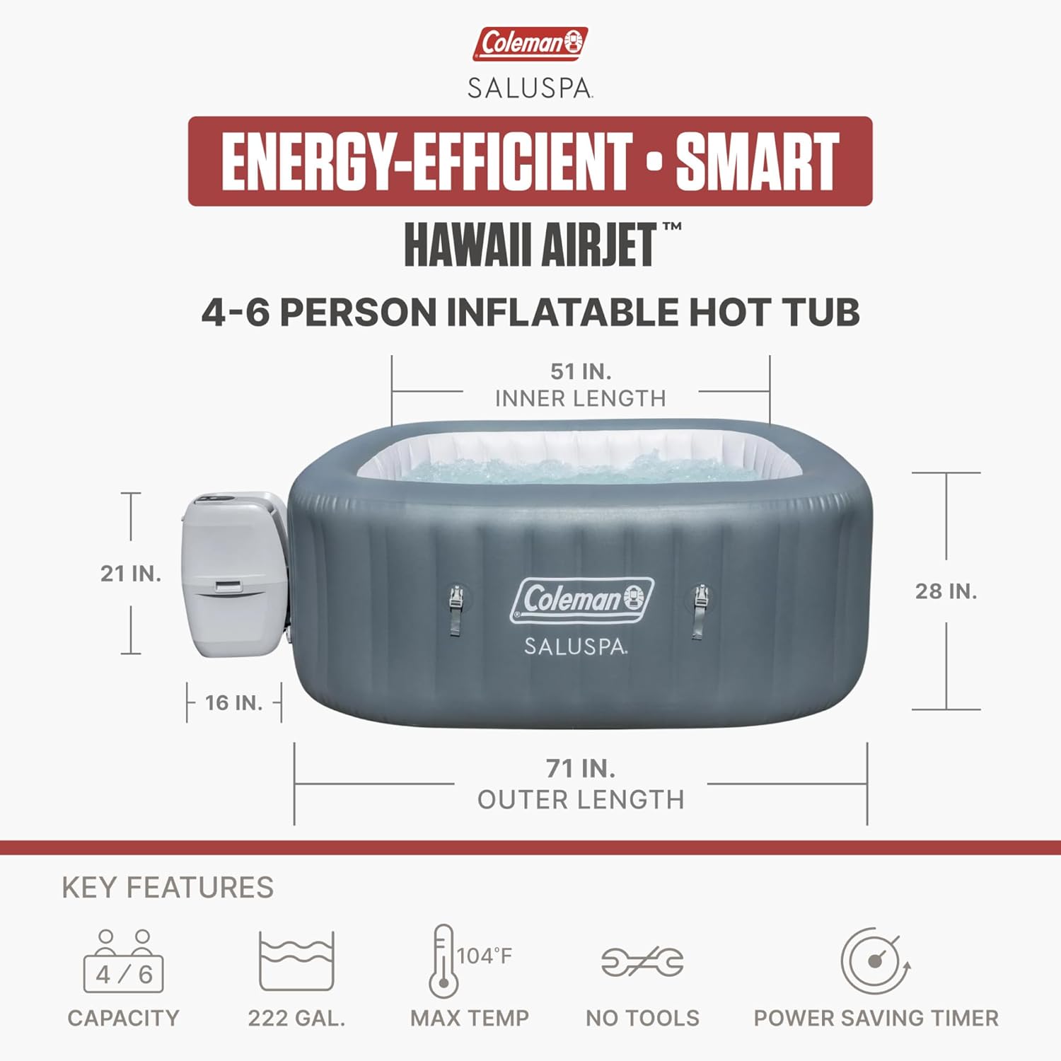 Coleman Hawaii 4 to 6 Person Inflatable Hot Tub  Square Energy-Efficient Portable Outdoor Spa with 140 AirJets  71" x 28"