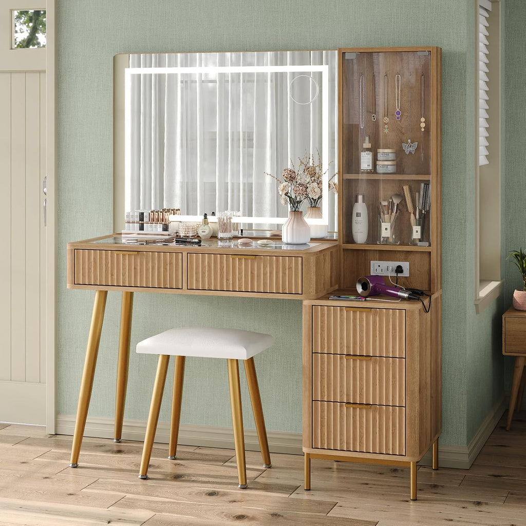 47.2'' Fluted Makeup Vanity with LED Mirror, 5 Drawers Vanity Desk with Charging Station, Jewelry Storage Cabinet, 3 Lighting Modes, Glass Top Vanity with Chair for Bedroom, Natural