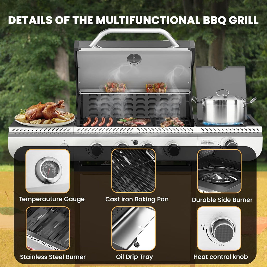 4-Burner Gas Grill with Side Burner Stainless Steel Propane Grill with Porcelain-Enameled Grills Built-In Thermometer 42000BTU BBQ Grill for Outdoor Cooking and Patio Barbecues