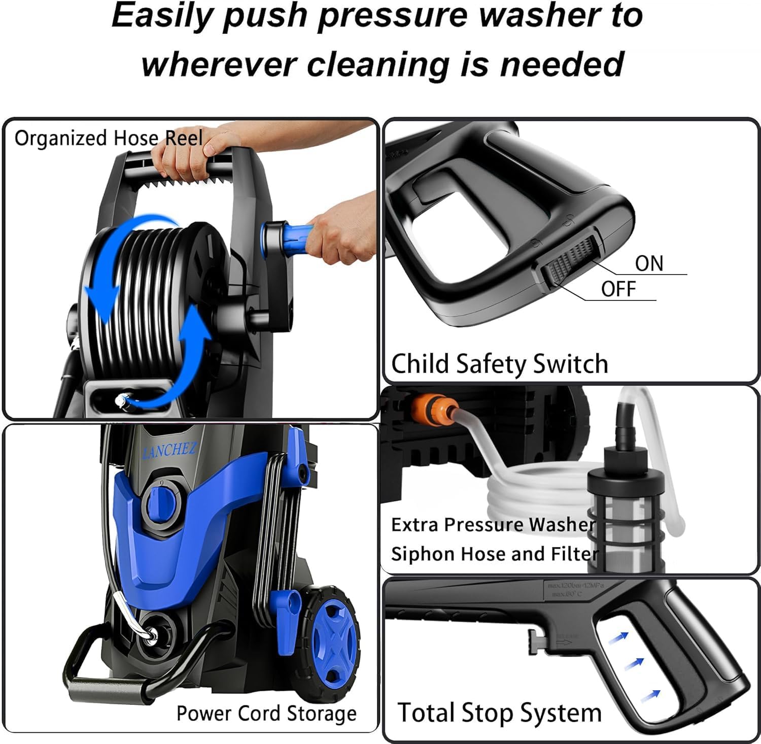 2026 Upgrade Pressure Power Washer 4800PSI w/4 Quick Connect Nozzles  Inlet Hose & Filter&500ML Soap Tank  High Cleaning Machine for Cars/Fences/Driveways/Patios/Home Cleaning Blue