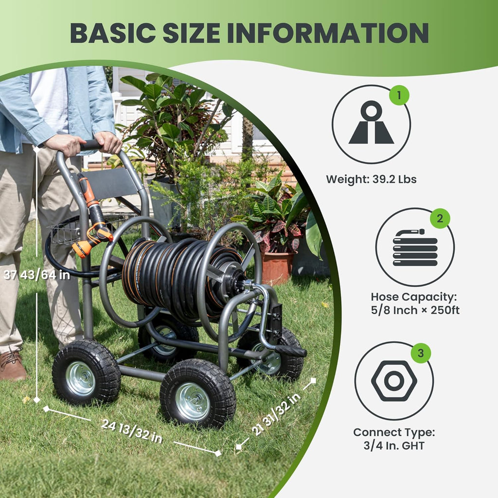 Giraffe Tools Heavy Duty Garden Hose Reel Cart with Wheels - Industrial Outdoor Hose Storage Reel  Pre-Installed Guide for 250-Feet of 5/8" Hose Capacity