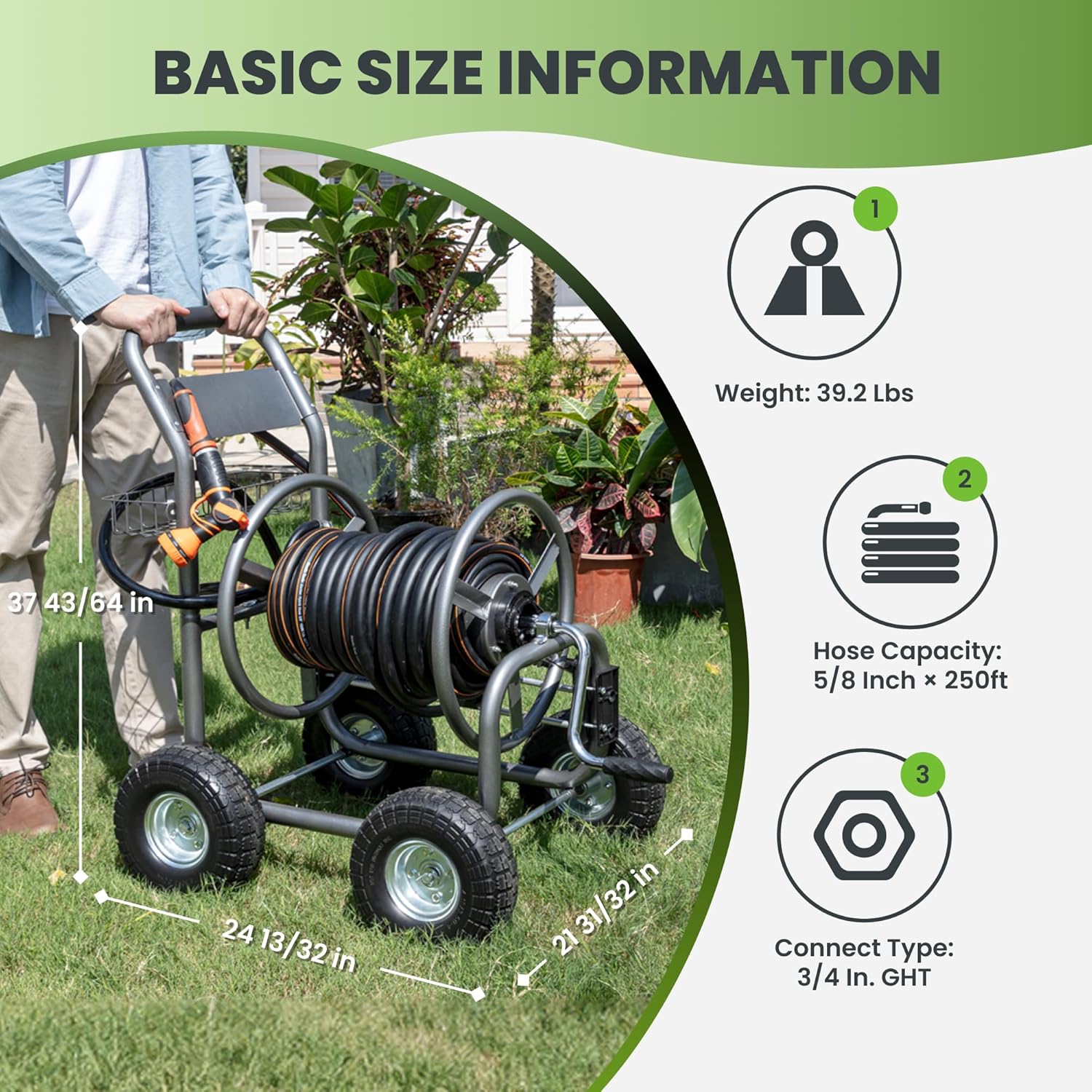 Giraffe Tools Heavy Duty Garden Hose Reel Cart with Wheels - Industrial Outdoor Hose Storage Reel  Pre-Installed Guide for 250-Feet of 5/8" Hose Capacity