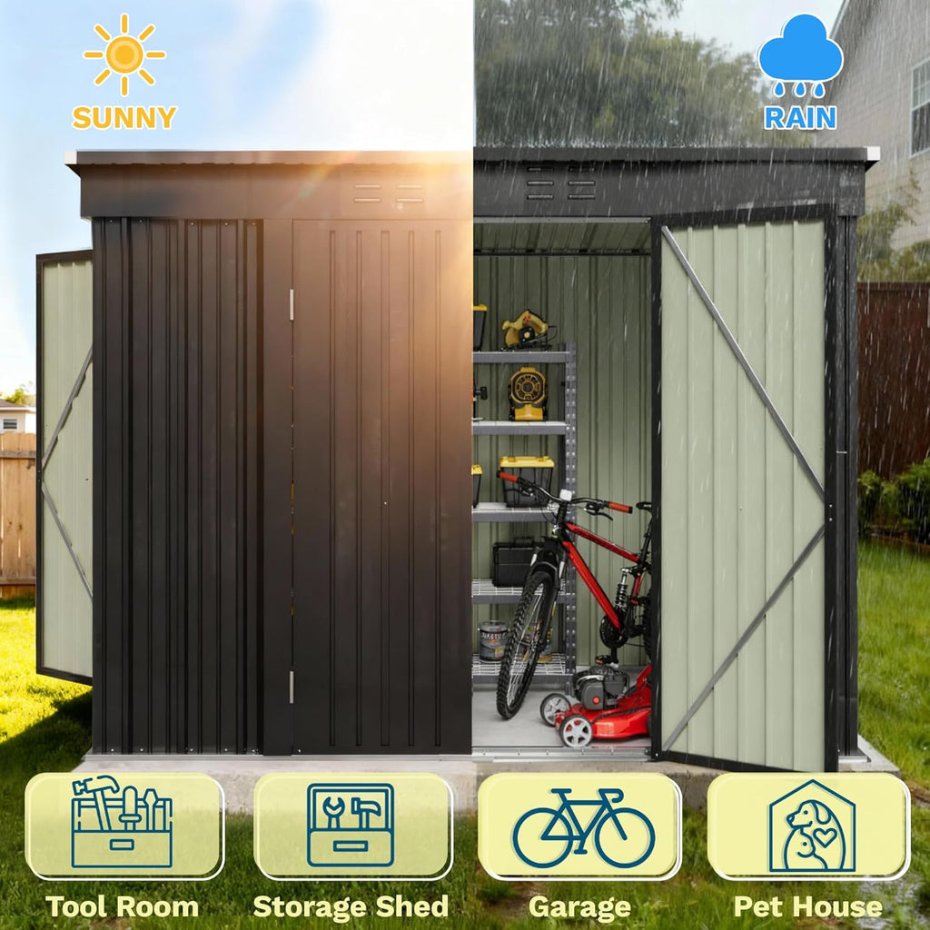 Patiowell 8x4 FT Outdoor Storage Shed  Heavy Duty Tool Metal Sheds with 3 Lockable Doors and Updated Frame Structure for Backyard Patio Lawn  Black