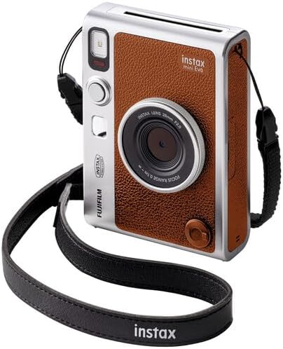 FUJIFILM INSTAX MINI EVO Hybrid Instant Camera (Brown) Bundle with Fuji Instax-Mini-Instant Film Value Pack (20 Sheets) + 32GB Memory Card + Carrying Case + Photo Album 64 Pockets + Cleaning Cloth
