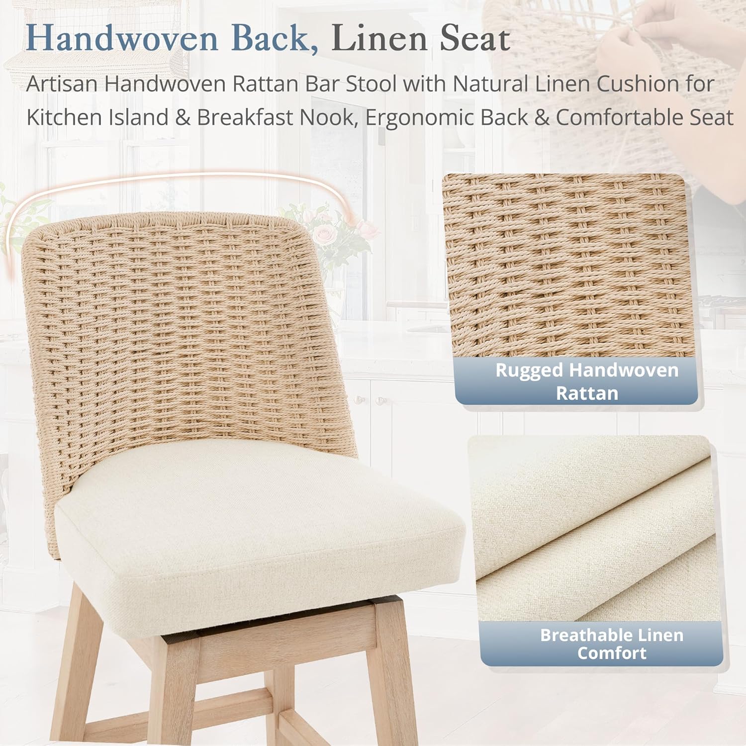 LUE BONA Rattan Bar Stools Set of 3, 27” Swivel Wooden Bars Stools with Thick Linen Seat, Handwoven Back & Wooden Leg, Counter Height for Kitchen Island, Apricot