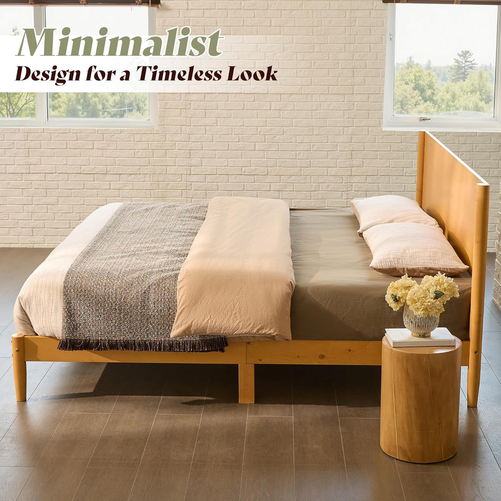 AMERLIFE Solid Wood Queen Bed Frame, Mid Century Modern Platform Bed with Full Panel Headboard, Wooden Bed with Cylindrical Legs, No Box Spring Needed & Noise-Free, Natural Wood