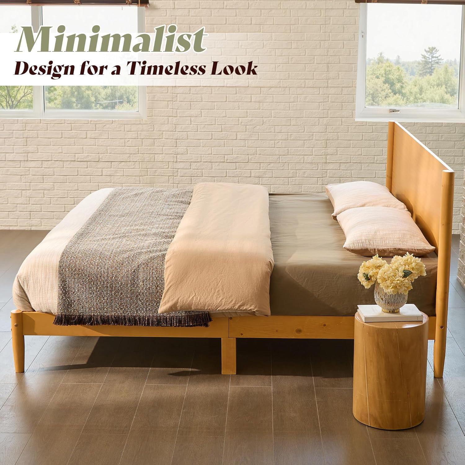 AMERLIFE Solid Wood Queen Bed Frame, Mid Century Modern Platform Bed with Full Panel Headboard, Wooden Bed with Cylindrical Legs, No Box Spring Needed & Noise-Free, Natural Wood