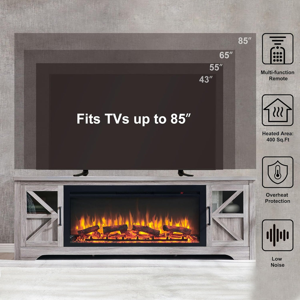 75" Farmhouse Fireplace TV Stand for TVs up to 85", Rustic Entertainment Center with 44" Fireplace Heater, Adjustable Storage Cabinets, Barn Door TV Console with Fireplace, Gray