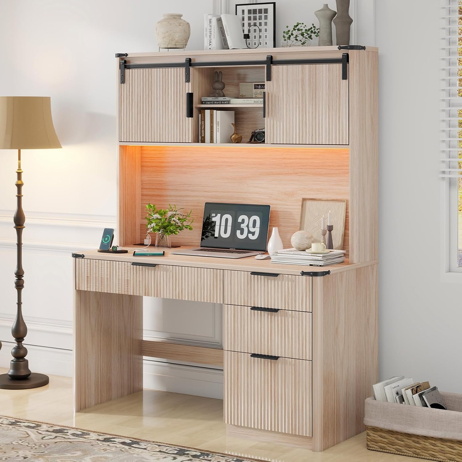 Farmhouse 67" H Executive Desk with Fluted Drawers,4 Drawers Fluted Computer Desk with LED Light,Charging Hub,Wood Workstation with Hutch and Sliding Barn Doors for Work and Study