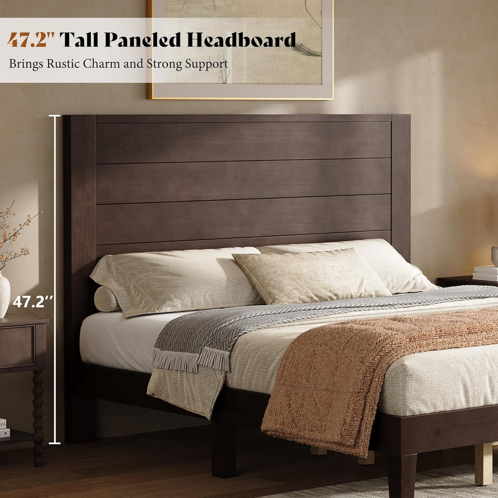 AMERLIFE Queen Sizes Solid Wood Bed Frame with 48" Headboard, Mid Century Modern Platform Bed with Silent Wood Slat System, No Box Spring Needed, Under-Bed Storage, Walnut
