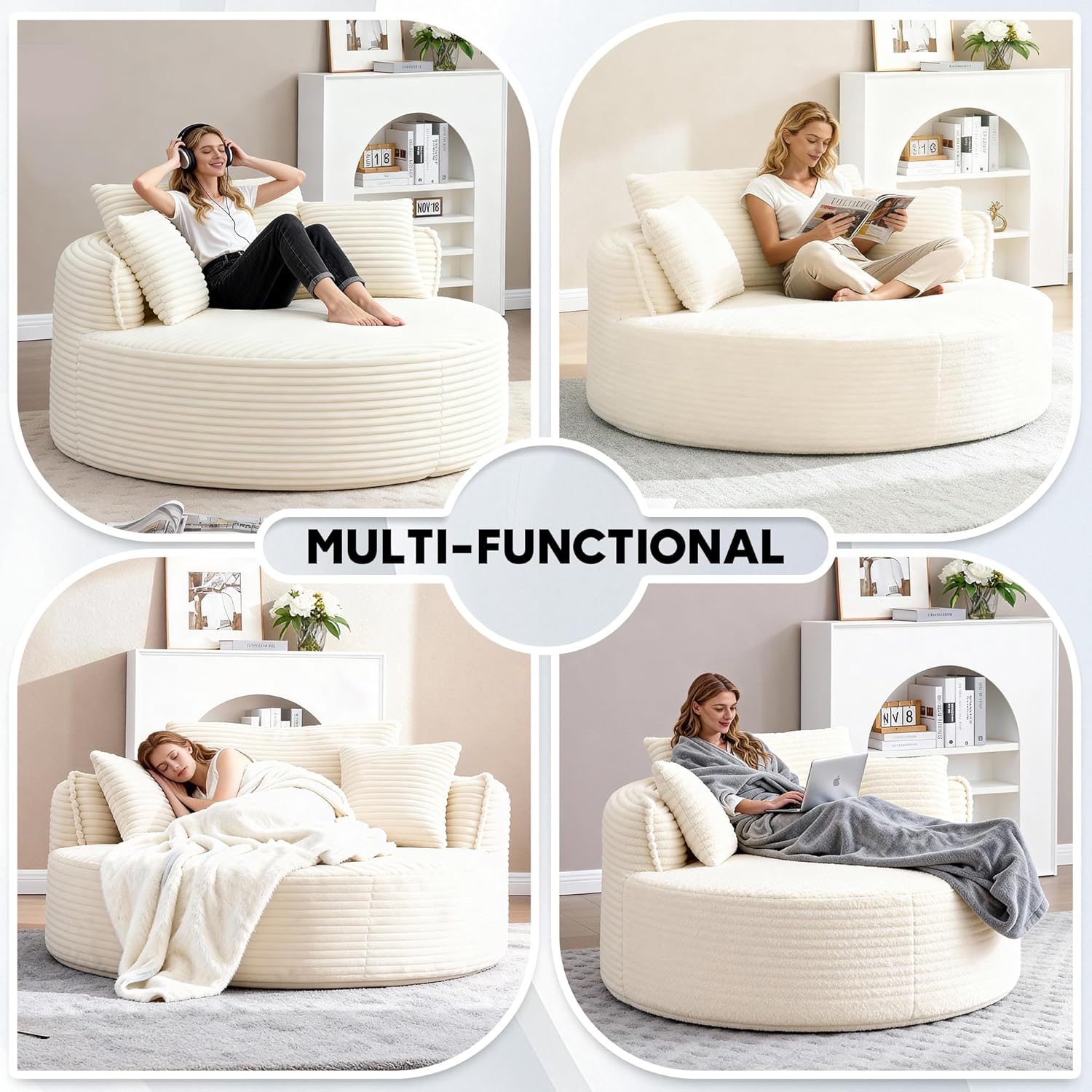 Oversized Round Chair Lounge Chaise Indoor, 53.5" Corduroy Boneless Round Chair, Fluffy Single Deep Seat Cloud Sofa Chairs, Modern Circle Chaise Lounge for Bedroom, Living Room, Beige White