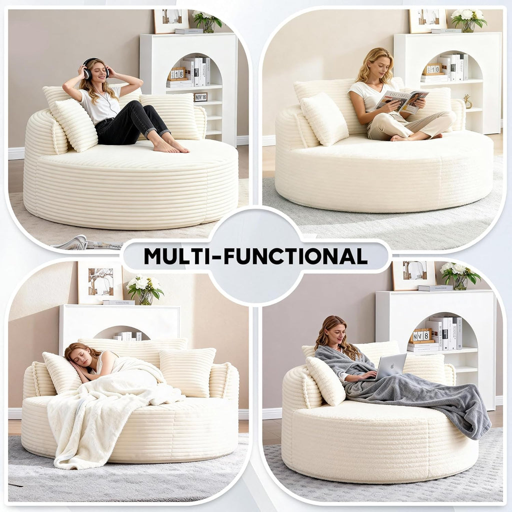 Oversized Round Chair Lounge Chaise Indoor, 53.5" Corduroy Boneless Round Chair, Fluffy Single Deep Seat Cloud Sofa Chairs, Modern Circle Chaise Lounge for Bedroom, Living Room, Beige White