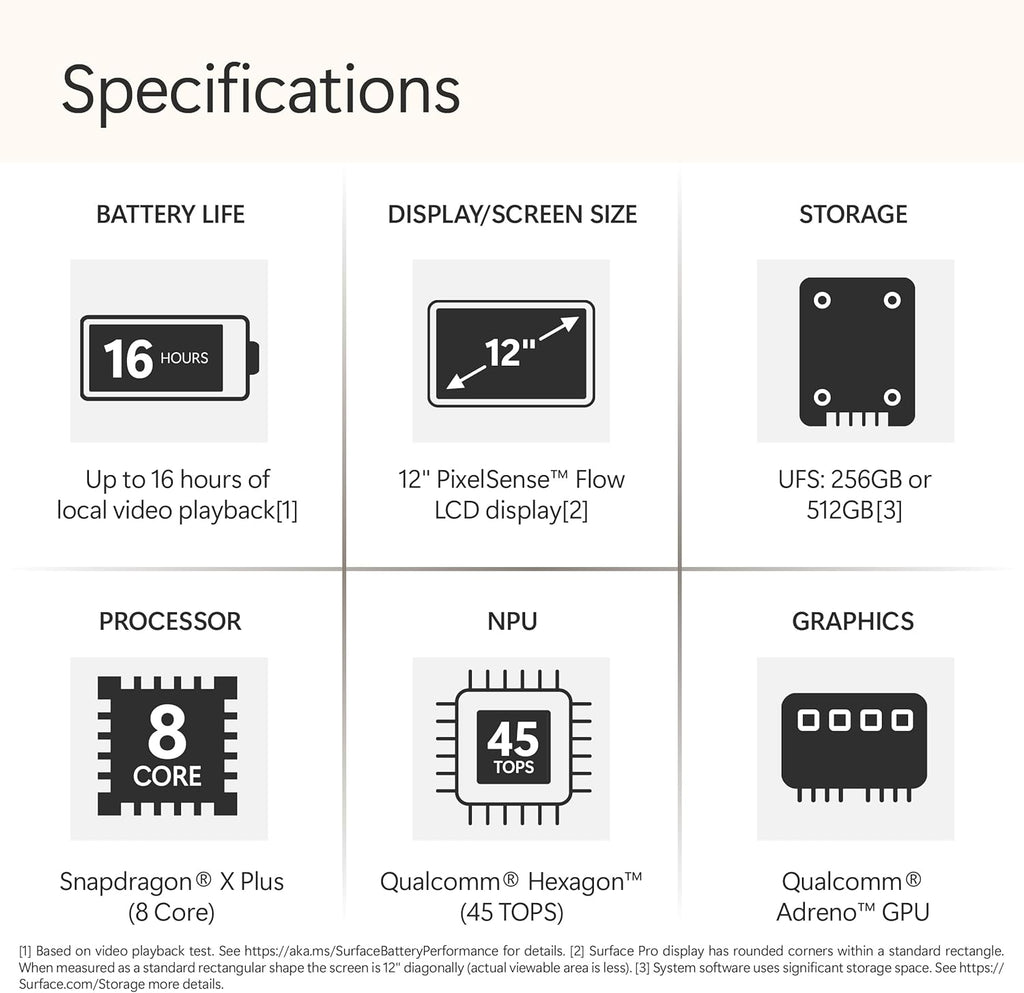 Microsoft Surface Pro 2-in-1 Laptop/Tablet (2025)  Windows 11 Copilot+ PC  12" Touchscreen Display  Snapdragon X Plus (8 Core)  16GB RAM  512GB Storage  Platinum