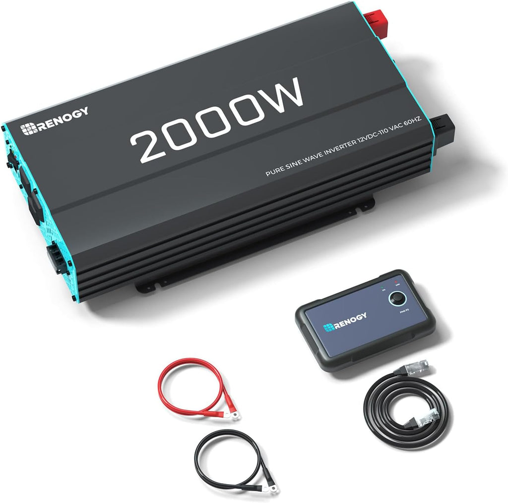 Renogy Inverter P2 2000W Pure Sine Wave Inverter 12V DC to 110V AC Converter  Off-Grid Solar Power Inverters for Vehicles  Truck  RV  Home  with Built-in 5V/2.1A USB / Hardwire Port  Remote Controller