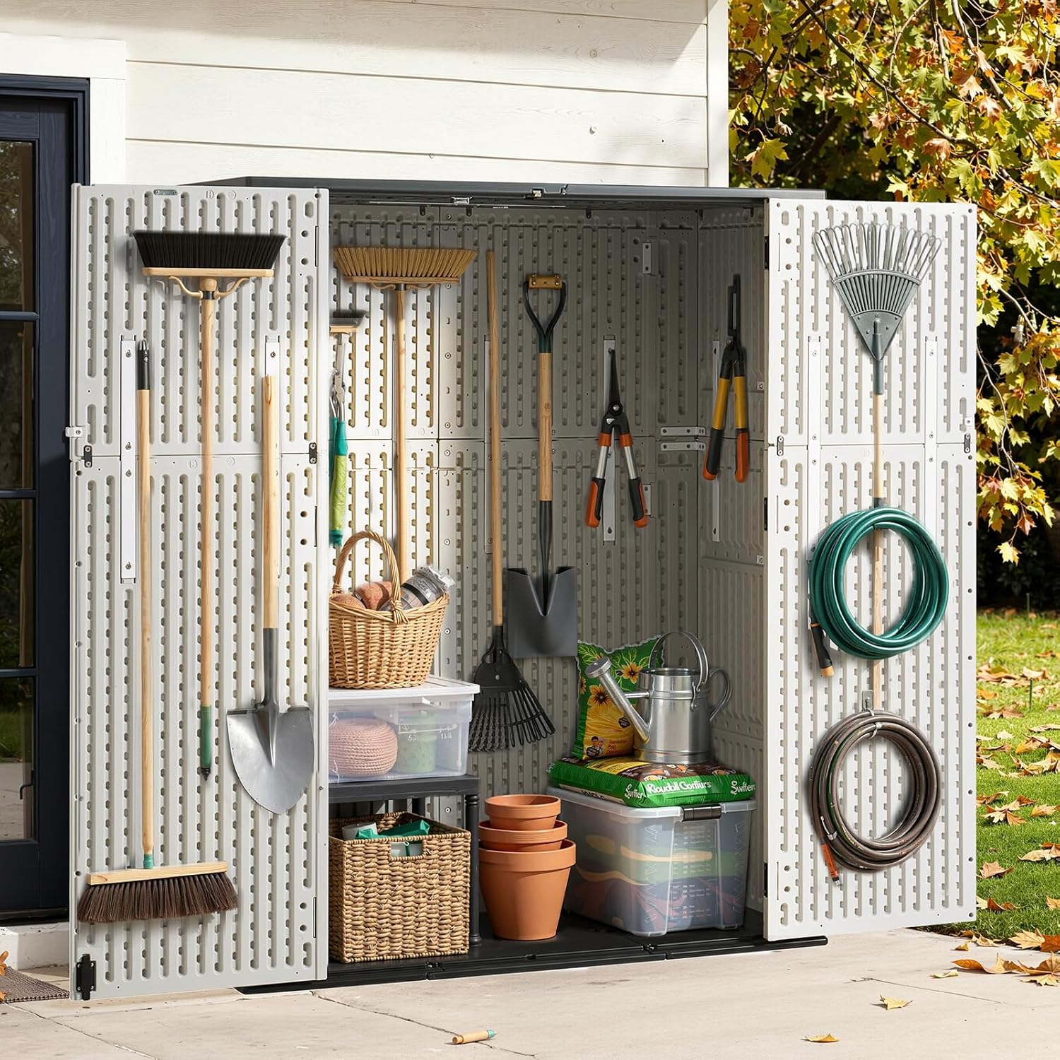 Aoxun 61 Cu.Ft Outdoor Storage Shed  Widened Outdoor Storage Cabinet Waterproof Vertical Resin Shed with Floor for Patio  Garden Tools  Pool Equipment  Easy to Assemble (White)