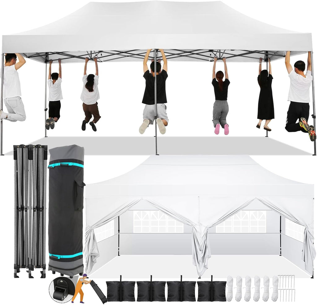 COBIZI 10x20 Pop Up Canopy with 6 Sidewall Heavy Duty Canopy UPF 50+ All Season Wind Waterproof Commercial Outdoor Wedding Party Tents for Parties Canopy Gazebo with Roller Bag(10 x 20 ft White)
