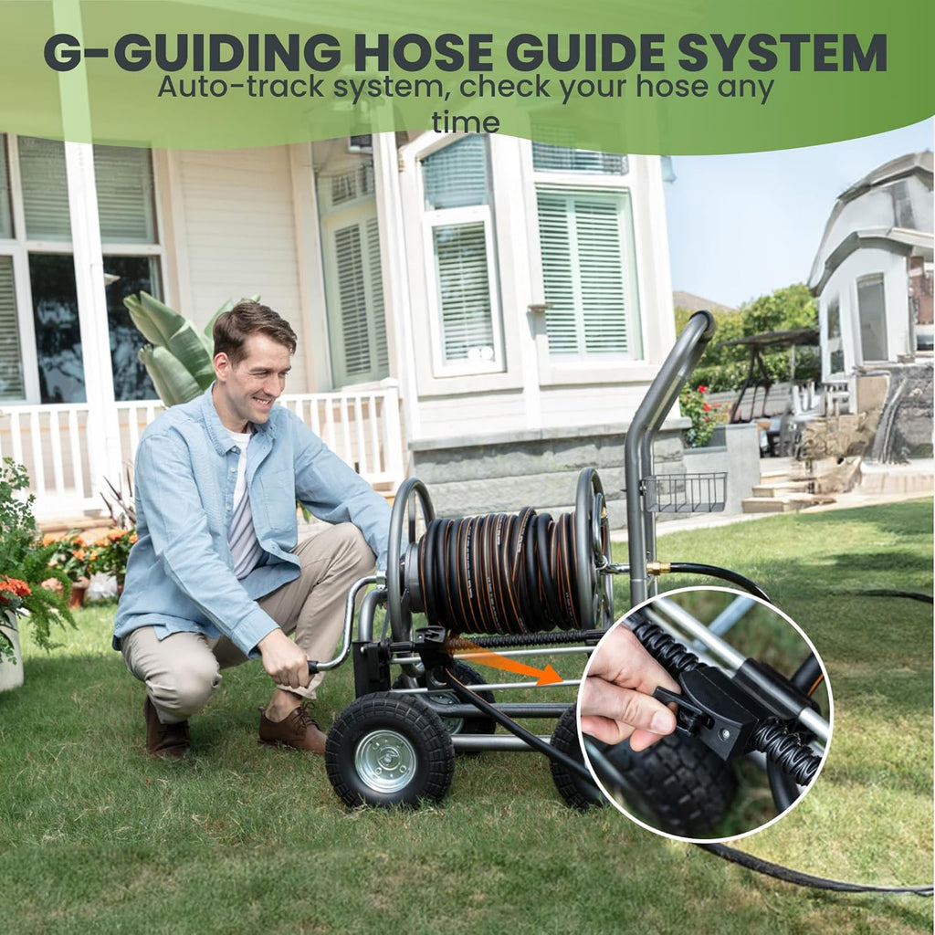 Giraffe Tools Heavy Duty Garden Hose Reel Cart with Wheels - Industrial Outdoor Hose Storage Reel  Pre-Installed Guide for 250-Feet of 5/8" Hose Capacity