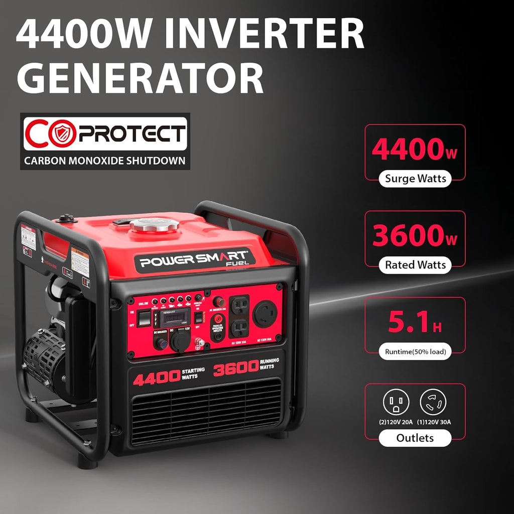 PowerSmart 4400-Watt Portable Inverter Generator  Gas Powered  CO-Sensor  Lightweight & Quiet for Home Use and Emergency Backup  Camping  EPA Compliant