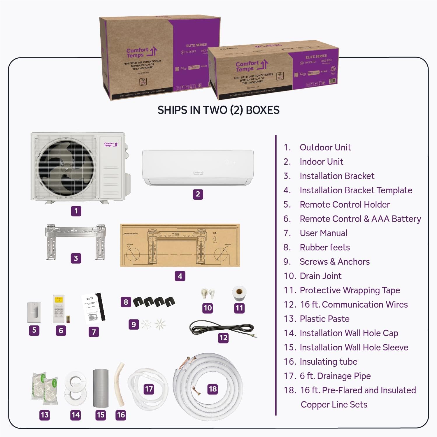ComfortTemps Elite Series - Energy-Saving 9000 BTU Mini Split 110V – 19 SEER, Pre-Charged, Ductless, Quiet & Comfortable Mini Split AC/Heating System with WiFi & Complete Easy Install Kit