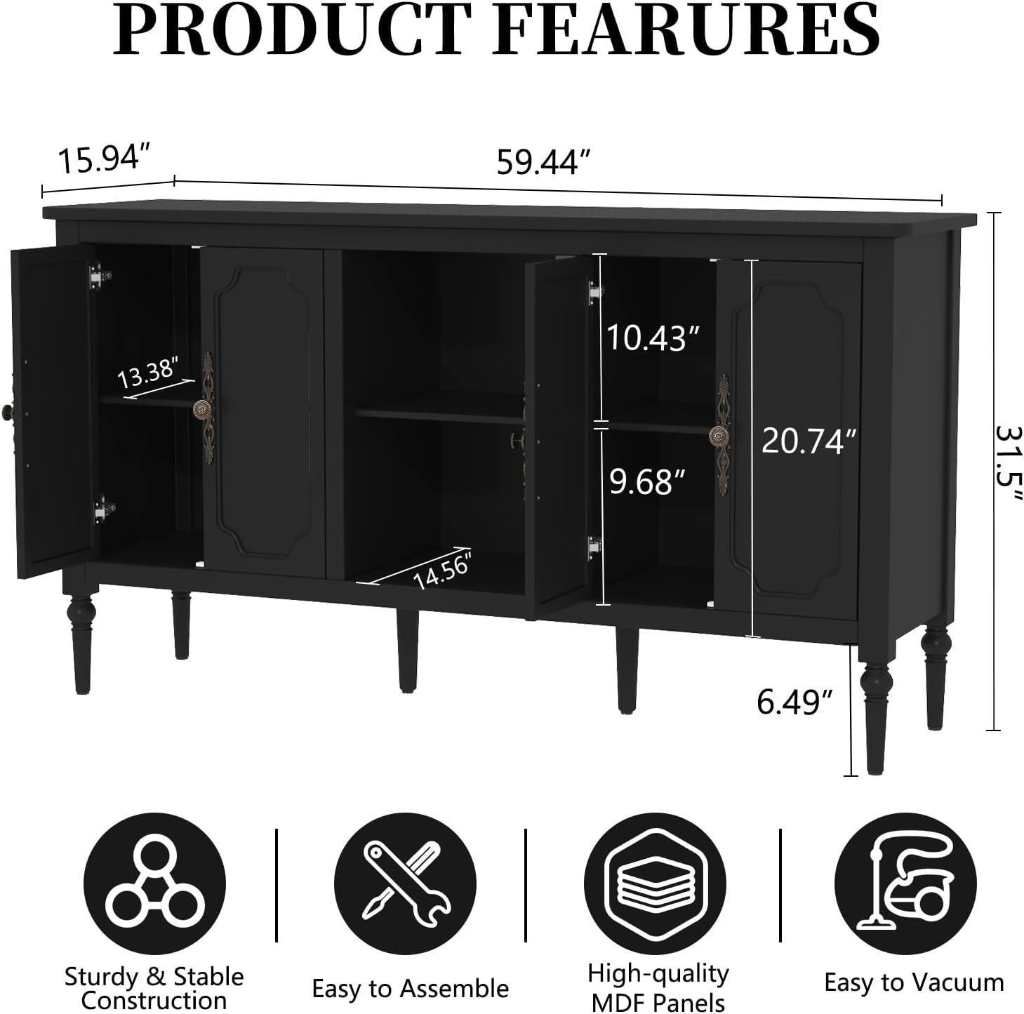 Vintage Buffet Sideboard Cabinet with 4 Doors, 59" Mid Century Modern Storage Cabinet with Shelf, Decorative Accent Credenza TV Stand (Black)