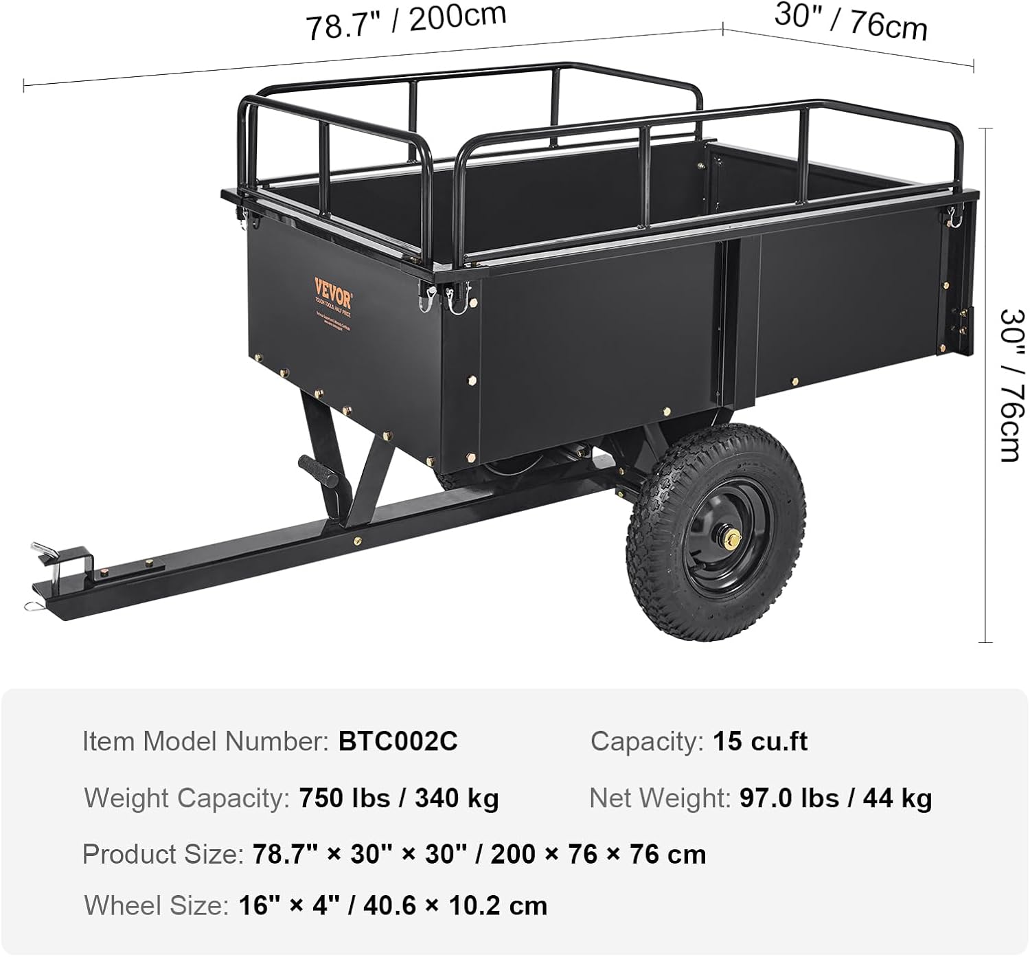 VEVOR Heavy Duty ATV Trailer Steel Dump Cart  750 lbs 15 Cubic Feet  Garden Utility Trailer Yard Trailers with Removable Sides for Riding Lawn Mower Tractor