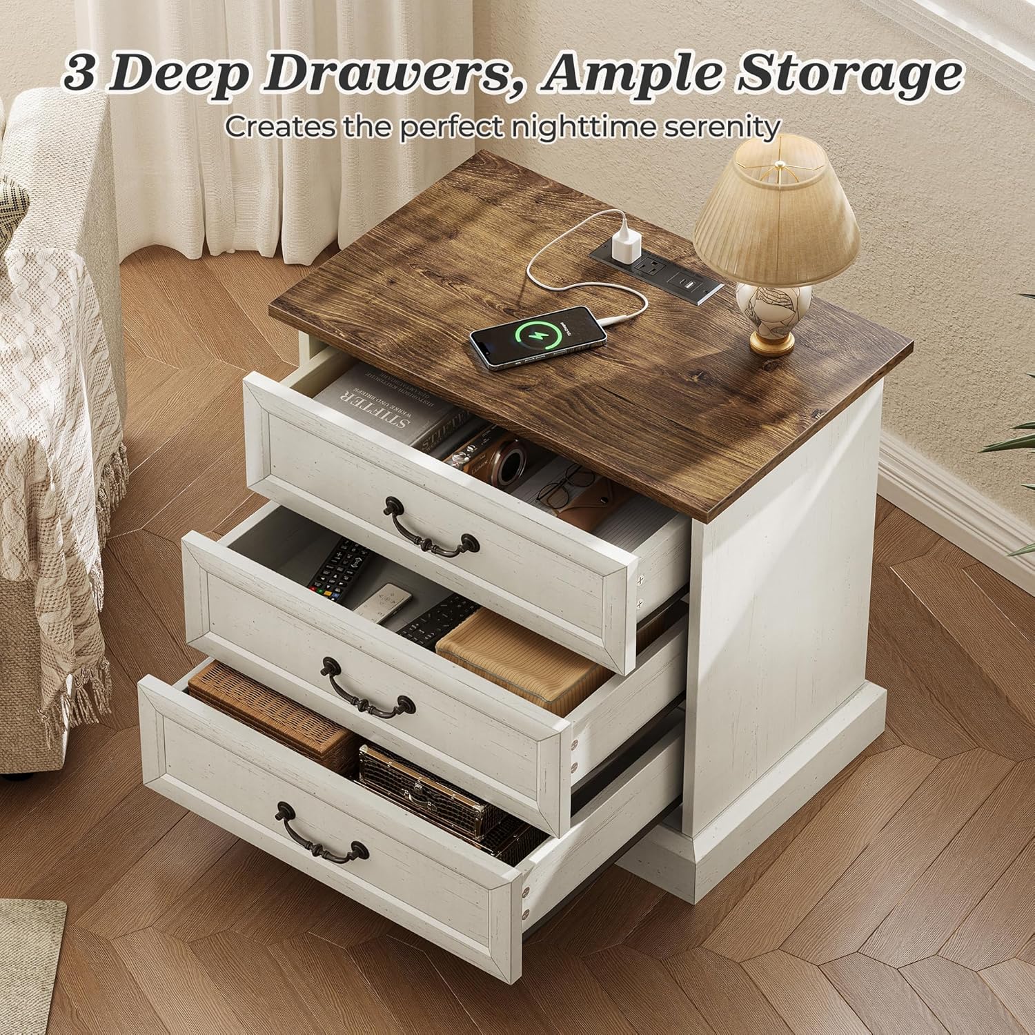 Huuger Nightstand with Charging Station, 3 Drawer Night Stand Set of 2, 22 Inch Wider Side Table with Storage, Farmhouse Nightstand with Vintage Handles, Thicken Base, for Bedroom, Distressed White