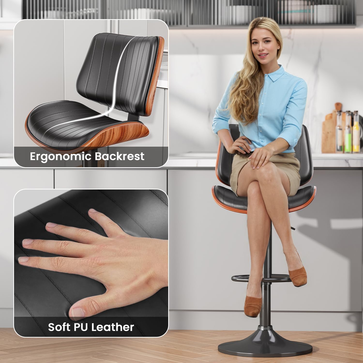 Swivel Bar Stools Set of 3, Adjustable Bentwood Barstools for Kitchen Counter, Modern PU Leather Upholstered Bar Chair with Back and Footrest, for Kitchen Island, Bar, Dining Room, Black