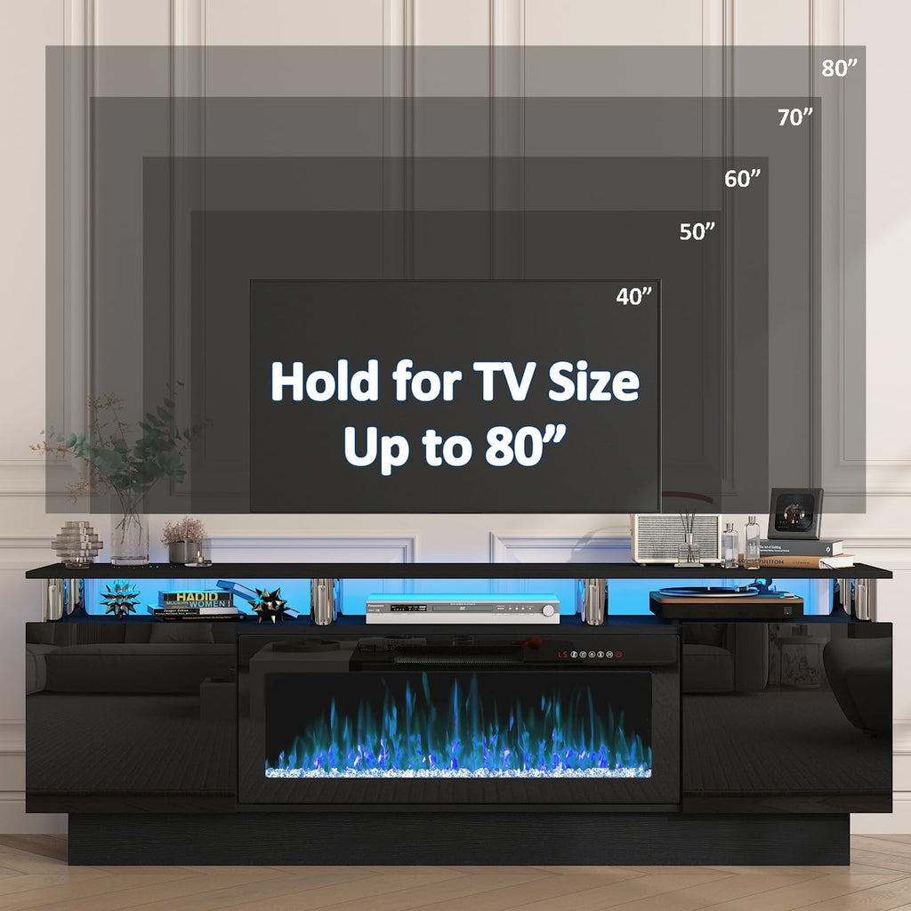 PUKAMI 70" Fireplace TV Stand, LED Light Entertainment Center with 36" Electric Fireplace, 2 Tier Modern Wood Media TV Console with Highlight Storage Cabinet for Living Room, Black