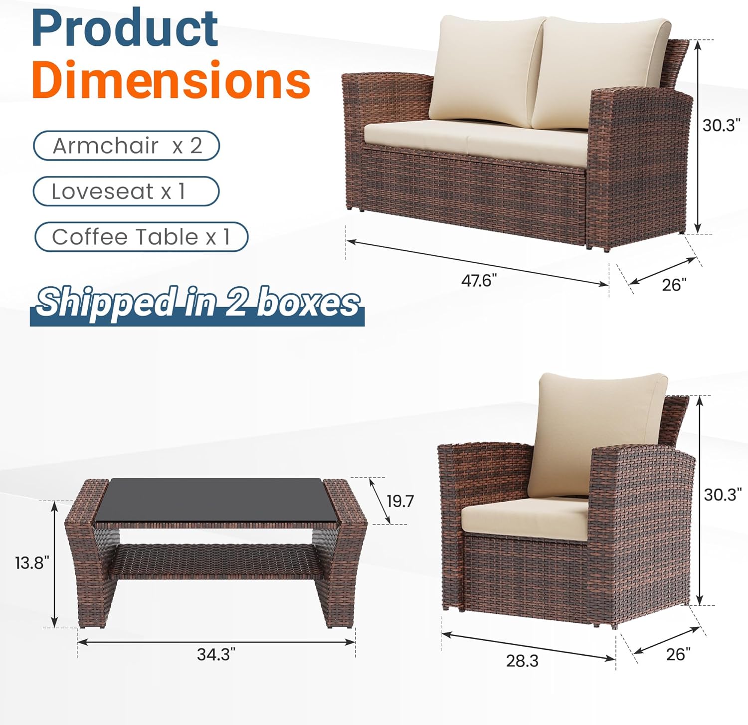 Wisteria Lane 4 Piece Patio Furniture Set  Wicker Outdoor Patio Conversation Furniture Set  All Weather Outdoor Patio Sofa with Cushion and Glass Table  Brown