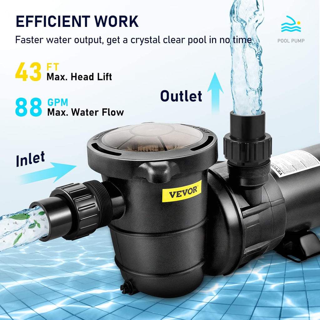 VEVOR Swimming Pool Pump  1.5 HP 115 V  1100 W Single Speed Pumps for Above Ground Pool w/Strainer Basket  5280 GPH Max. Flow  Certification of ETL for Security
