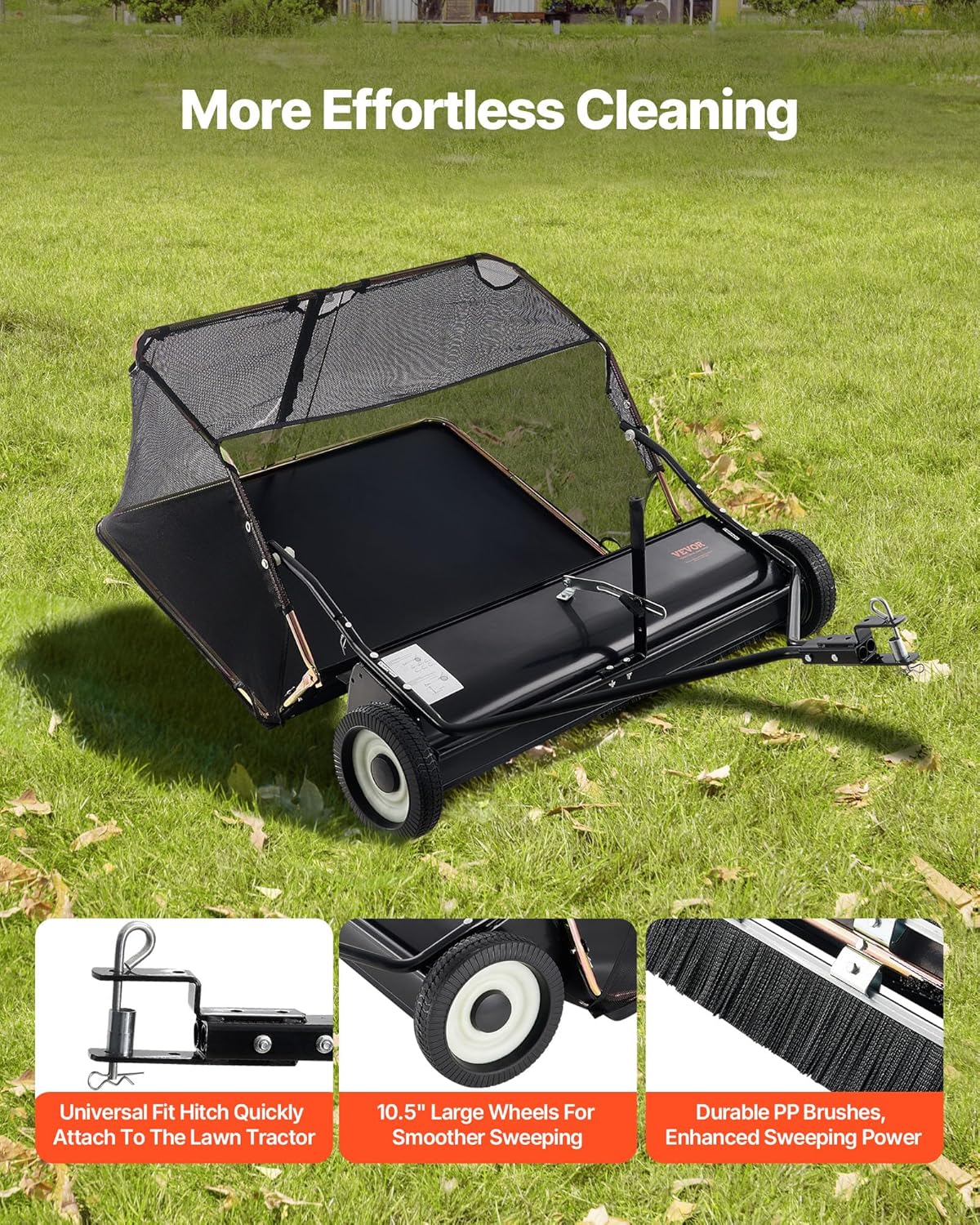 VEVOR 52 in Tow Behind Lawn Sweeper  26 cu.ft. Large Yard Sweeper  Adjustable Sweeping Height  Heavy Duty Leaf & Grass Collector with Dumping Rope  Pull Behind Sweepers for Debris Grass Clippings
