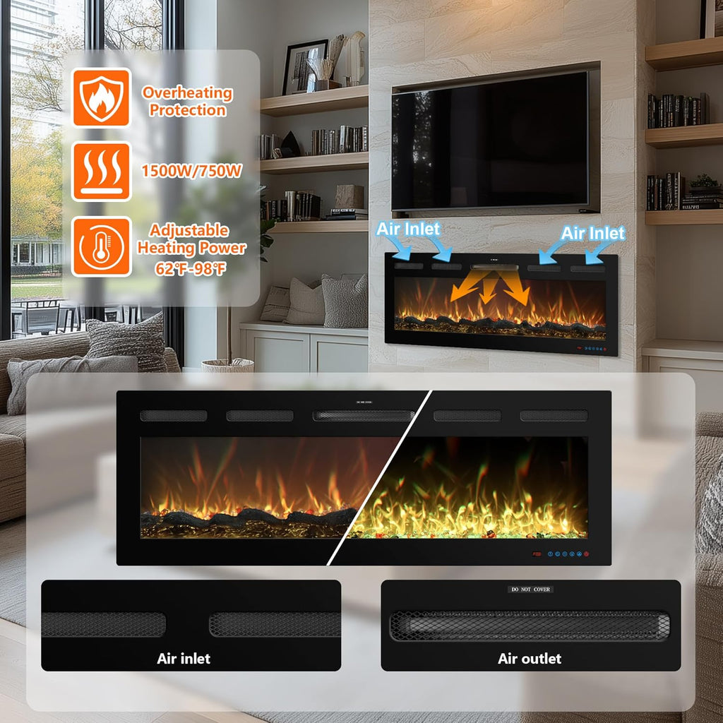 72 Inch WiFi Electric Fireplace Heater with Sound, Wall Mounted, Recessed or Free‑Standing, 750/1500W, 13 Flame & Fuel Bed Colors, Dimmable, Remote & App Control, Alexa & Google Home