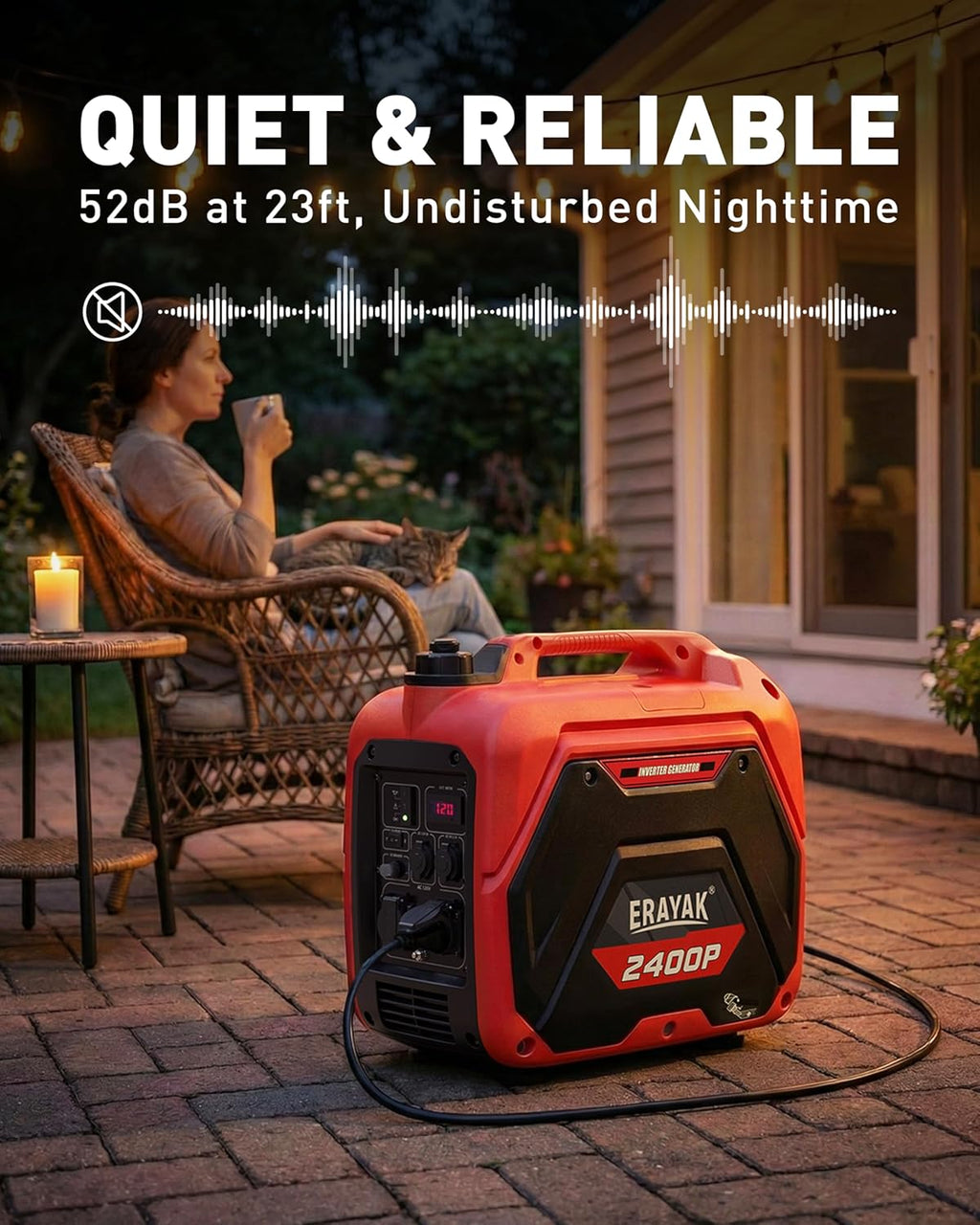 ERAYAK 2400W Portable Inverter Generator for Home Use  Super Quiet Small Generator for Camping Outdoor Emergency Power Backup  Gas Powered Engine  EPA  ECO Mode