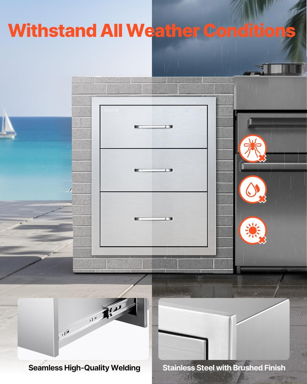 VEVOR Outdoor Kitchen Drawers 18.11" W x 23.23" D x 23.23" H  Triple-Access Stainless Steel Modular Drawer Cabinet with Handles  BBQ Island Drawer for Outdoor Kitchen or BBQ Island Patio Grill Station