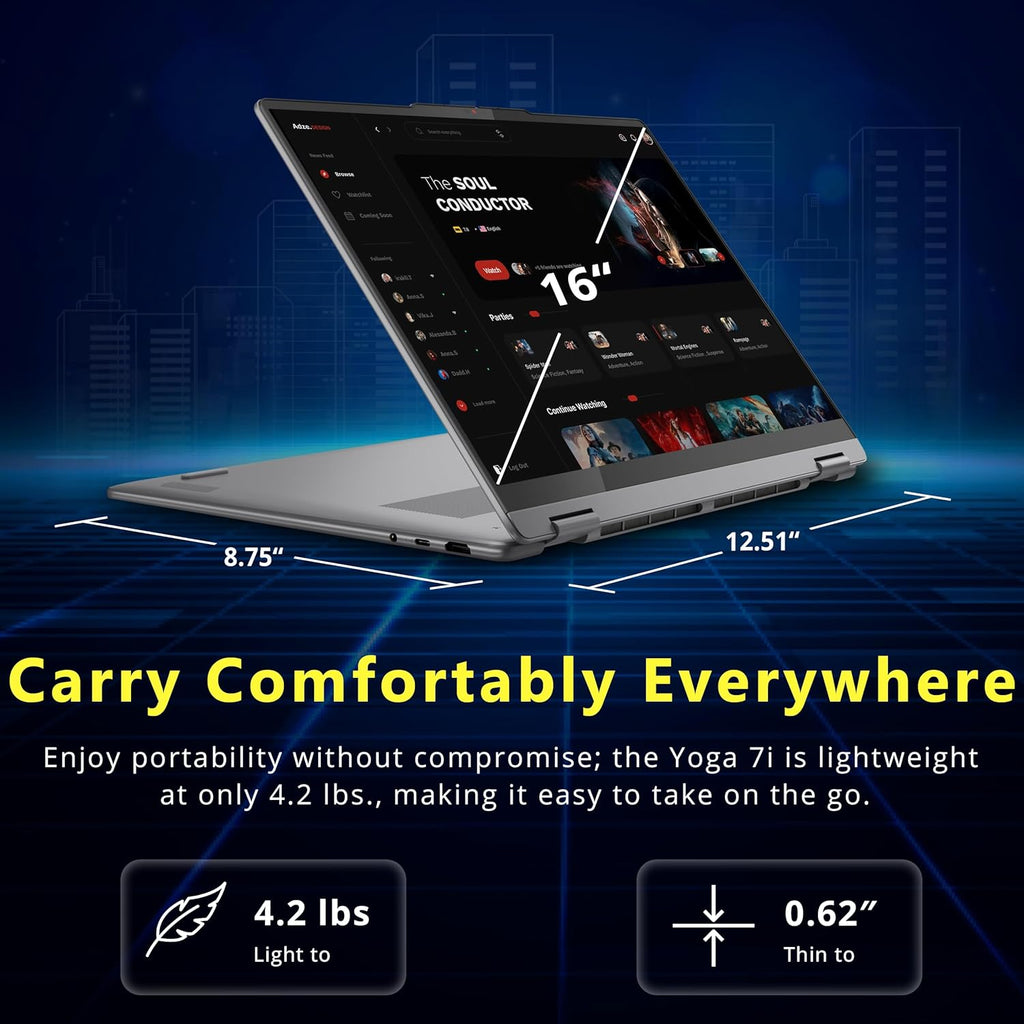 Lenovo Yoga 7i 2-in-1 16" 2K Touchscreen Laptop  Intel Ultra 5 226V  16GB LPDDR5X  1.5TB Storage(512GB SSD & 1TB Docking Station)  Intel Arc Graphics  Backlit Keyboard  Fingerprint  Win 11  Gray