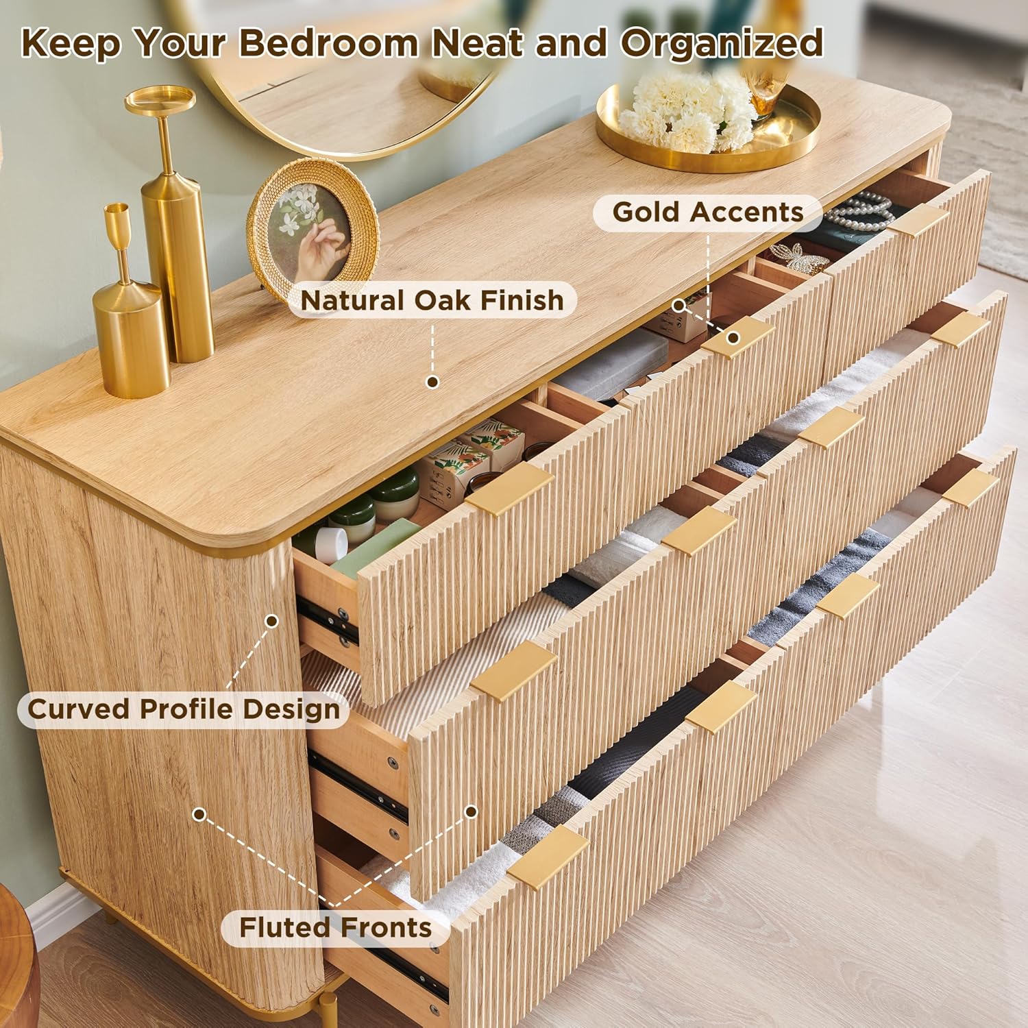 T4TREAM Fluted 7 Drawers Dresser for Bedroom, 54" Wide Modern Dresser TV Stand, Gold Accents, Fluted Fronts, Wood Storage Dressers Organizer for Bedroom, Living Room, Natural Oak