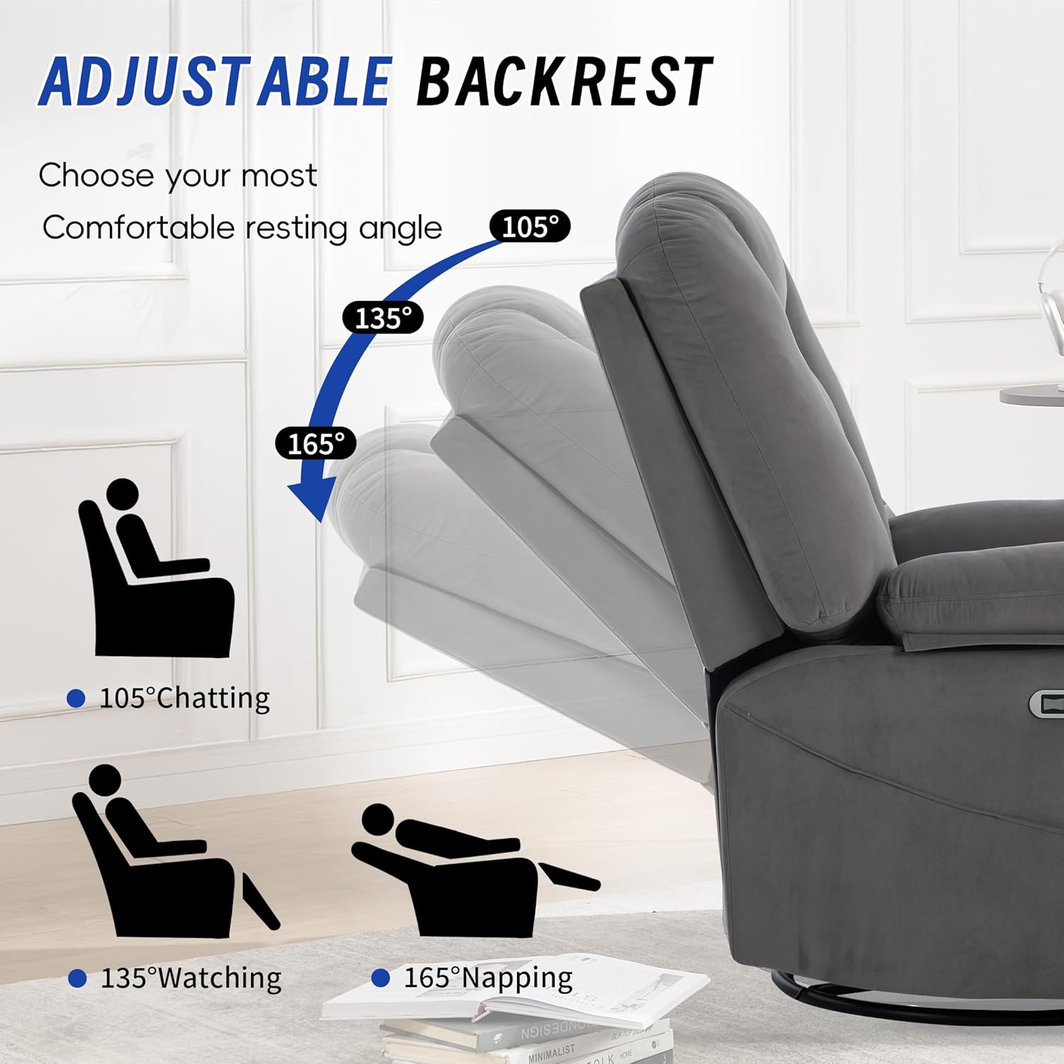Power Swivel Rocker Recliner Chair for Adults,Rocking Recliners Chairs with Massage and Heat for Living Room, Electric Fabric Reclining Sofa Chair with USB and Type-C Port (Gray)