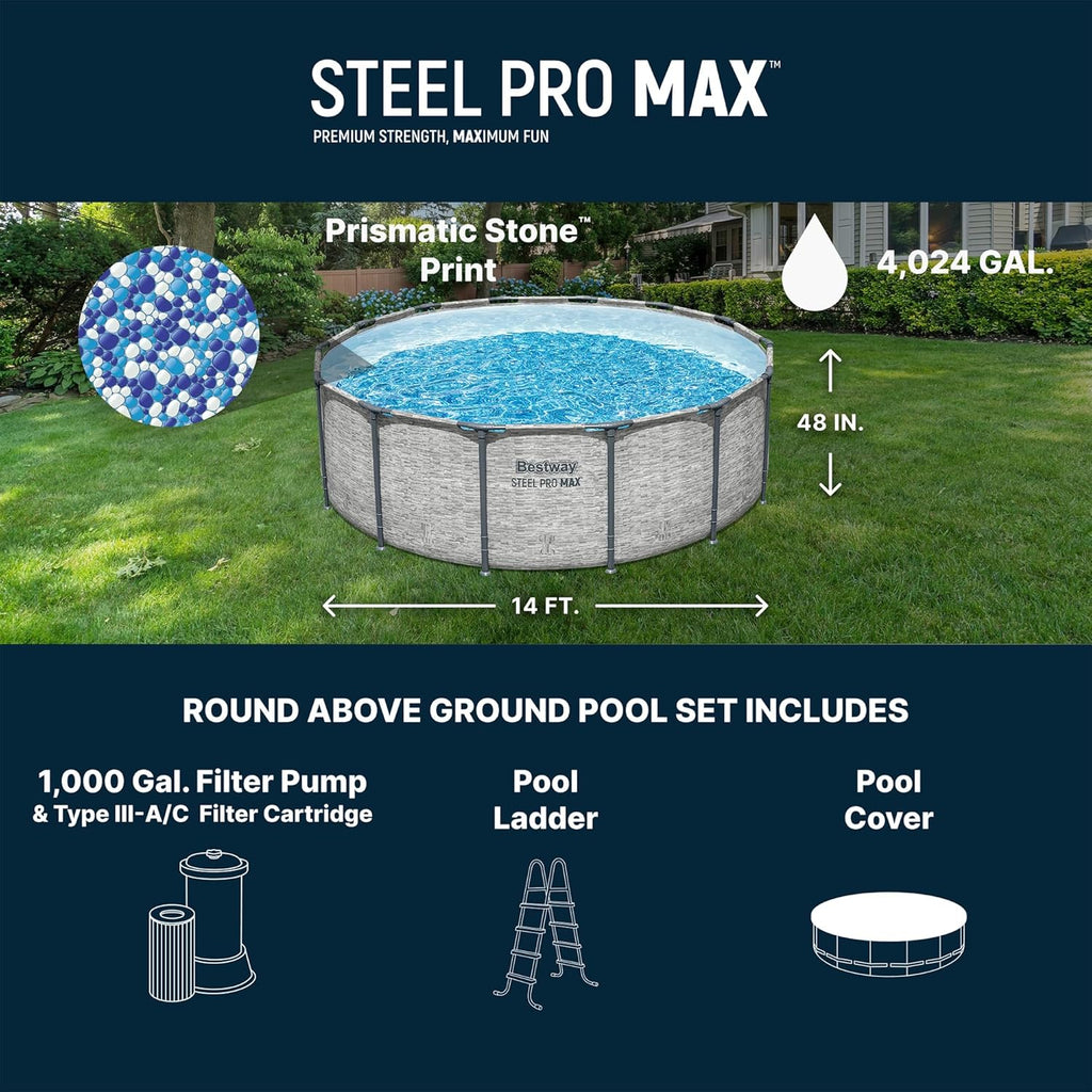 Bestway Steel Pro MAX 14' x 48" Above Ground Pool  Round Metal Frame Outdoor Swimming Pool Set with Filter Pump  Ladder  and Cover  Gray Stone Print