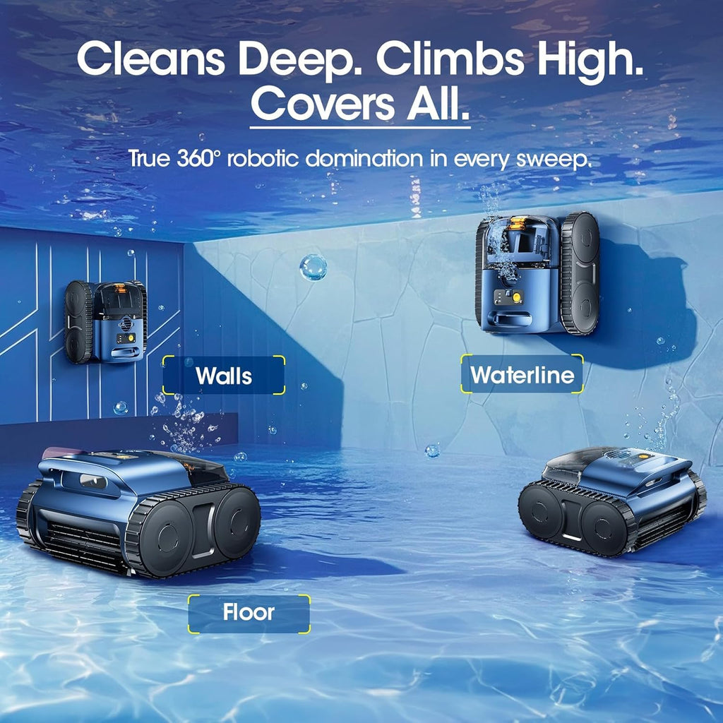 Cordless Robotic Pool Vacuum  Pool Cleaner with Track Drive & Sonar Navigation  180W Brushless Motor  Wall & Waterline Climbing  150-Min Runtime  for Inground Above-Ground 2150 Sq. Ft. (Dark Blue)