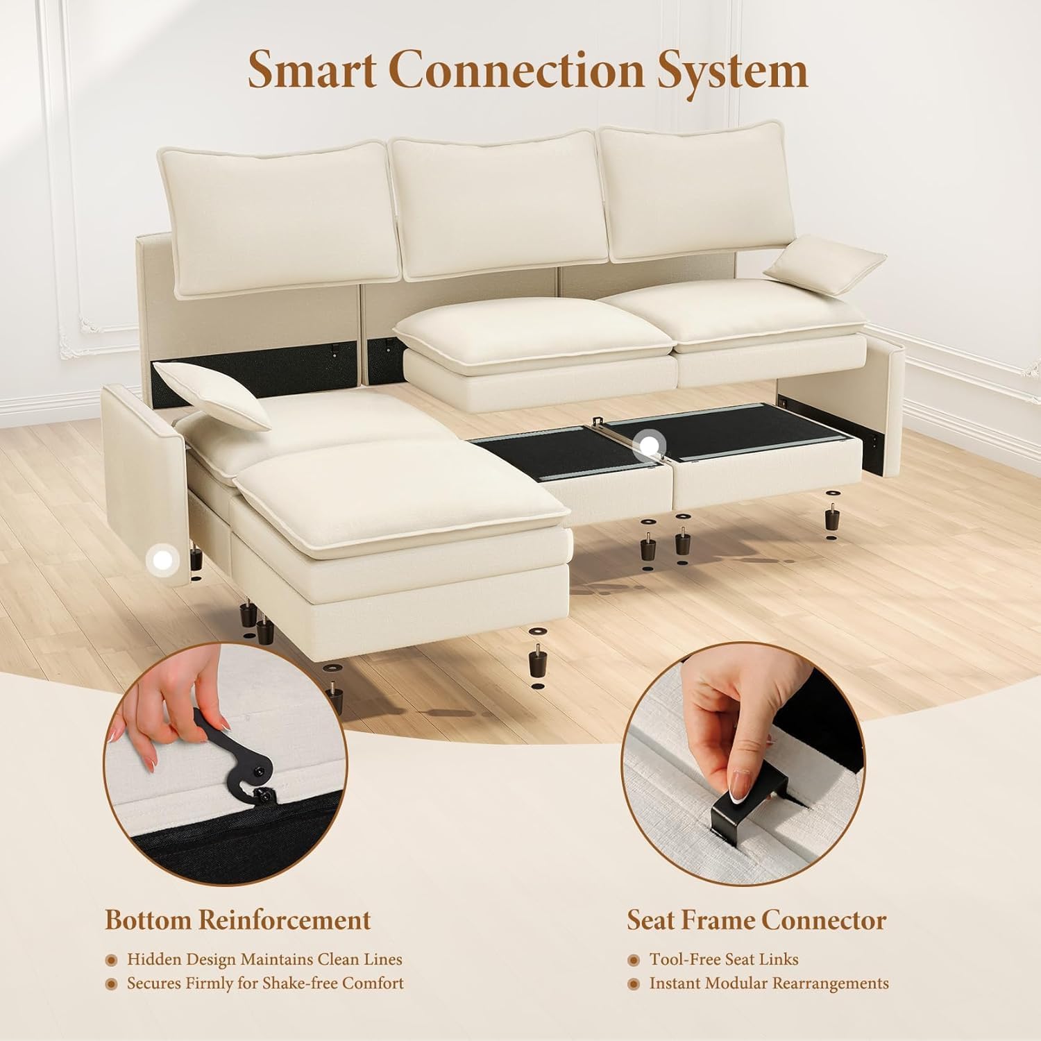 Vesgantti 108" Modular Sectional Sofa, Comfy Cloud Couch with Movable Ottoman Deep Seat Chenille L Shaped Modular Sofa, Sectional Couches for Living Room, Bedroom and Apartment, Beige