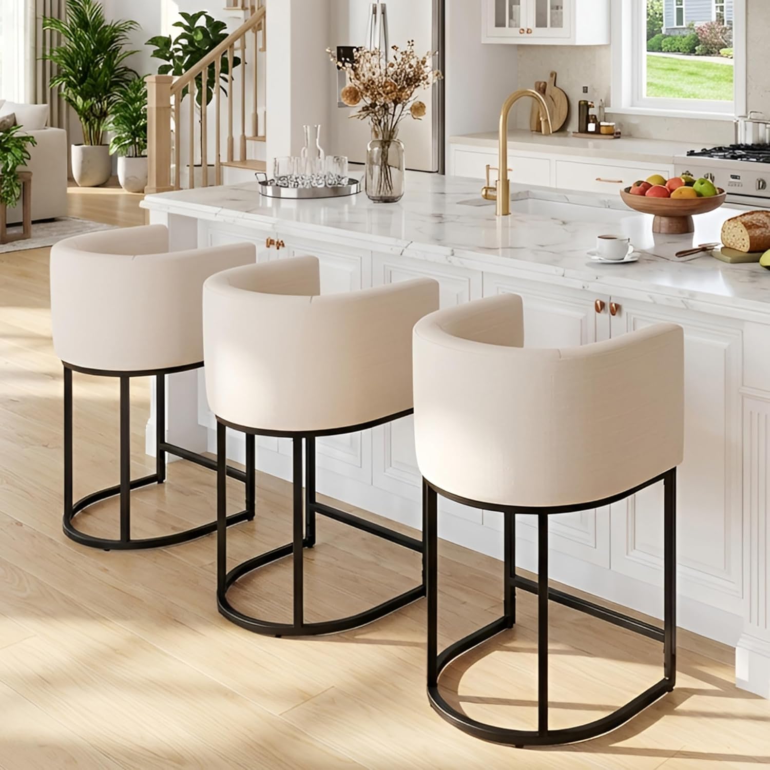 HNY Modern Counter Height Linen Fabric Upholstered Counter Stools Set of 3, 24 Inch Kitchen Island Stool with Black Tubular Frame, Cream