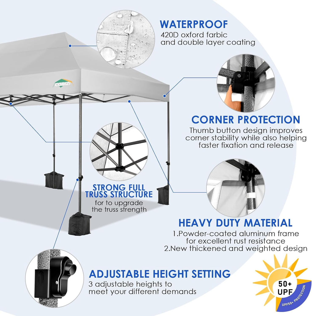 COBIZI 10x20 Heavy Duty Pop up Canopy Tent with 6 sidewalls Easy Up Commercial Outdoor Wedding Party Tents for Parties All Season Wind & Waterproof Gazebo Roller Bag  White(Frame Thickened)