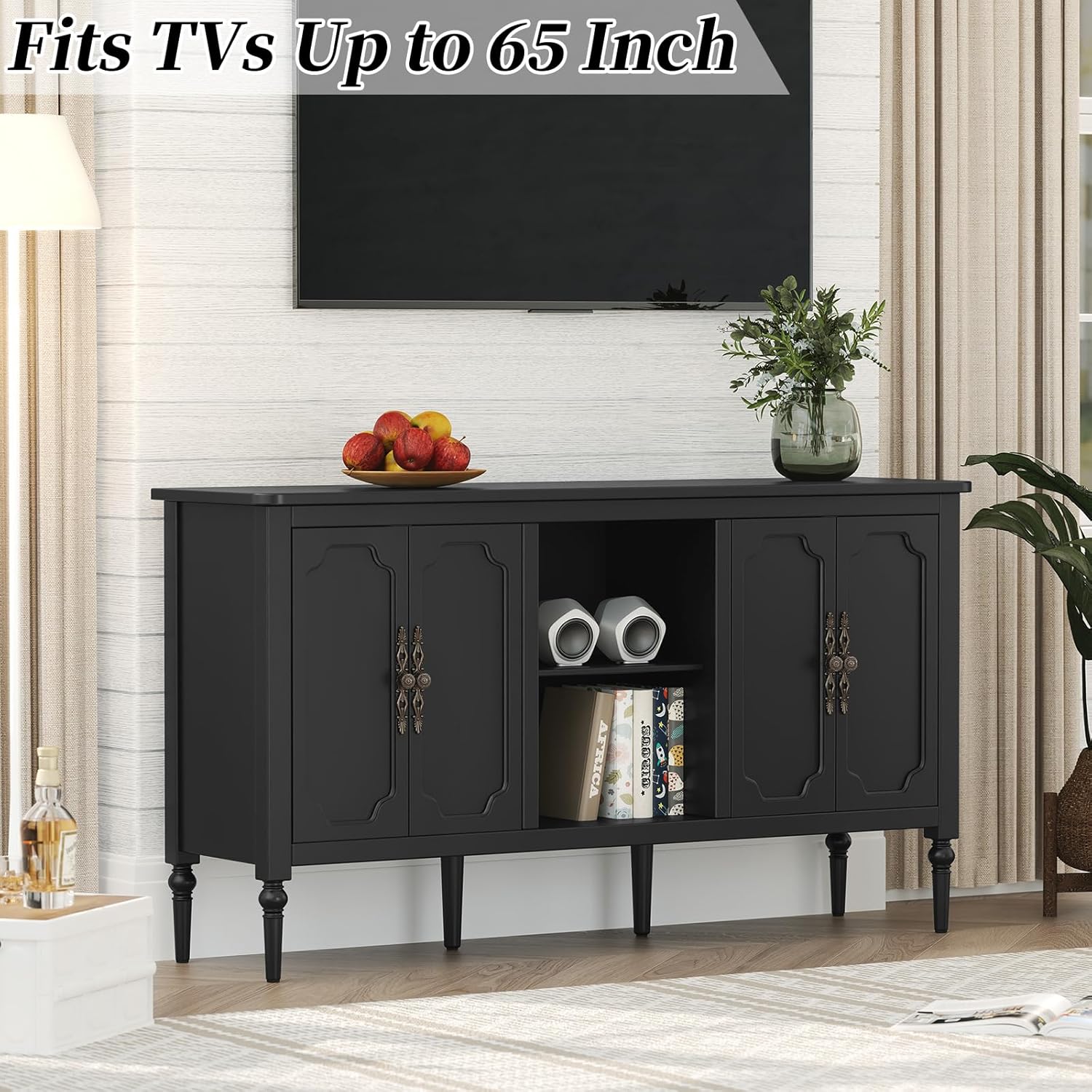 Vintage Buffet Sideboard Cabinet with 4 Doors, 59" Mid Century Modern Storage Cabinet with Shelf, Decorative Accent Credenza TV Stand (Black)