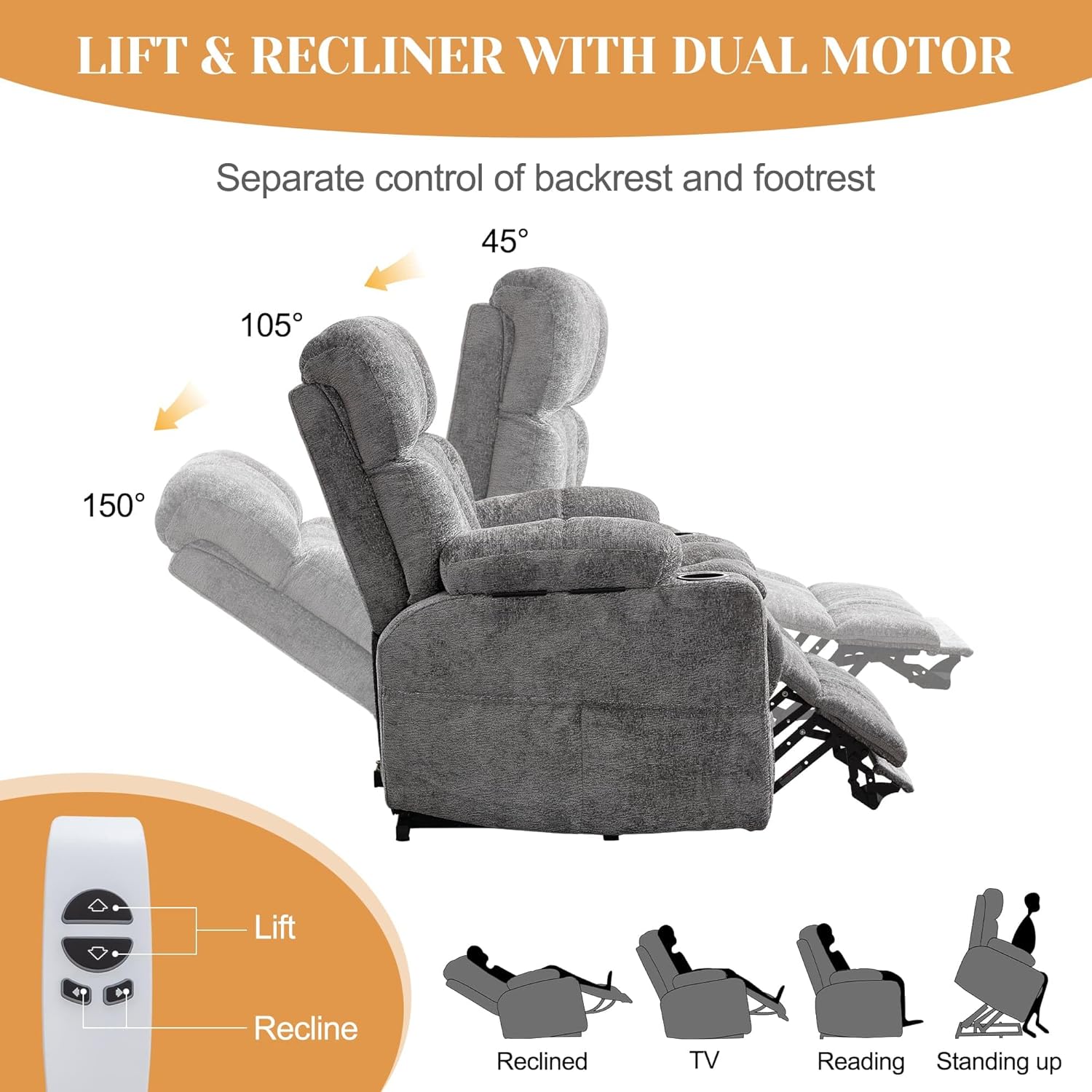 Oversized Dual Motor Power Lift Recliner for Elderly with Adjustable Headrest, Extra Wide Recliner Chairs with Massage and Heat, Electric Lift Chair with Storebox Cupholder, USB Ports, Type C